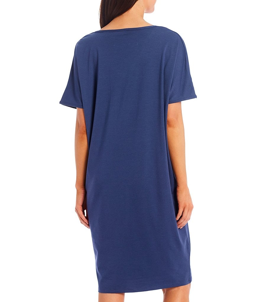 Kate Landry Solid Knit V-Neck Short Sleeve Midi Lounge Dress