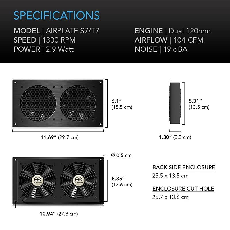 Infinity AIRPLATE S7 Quiet Cooling Fan System 12quot with Speed Control for Home Theater AV Cabinets