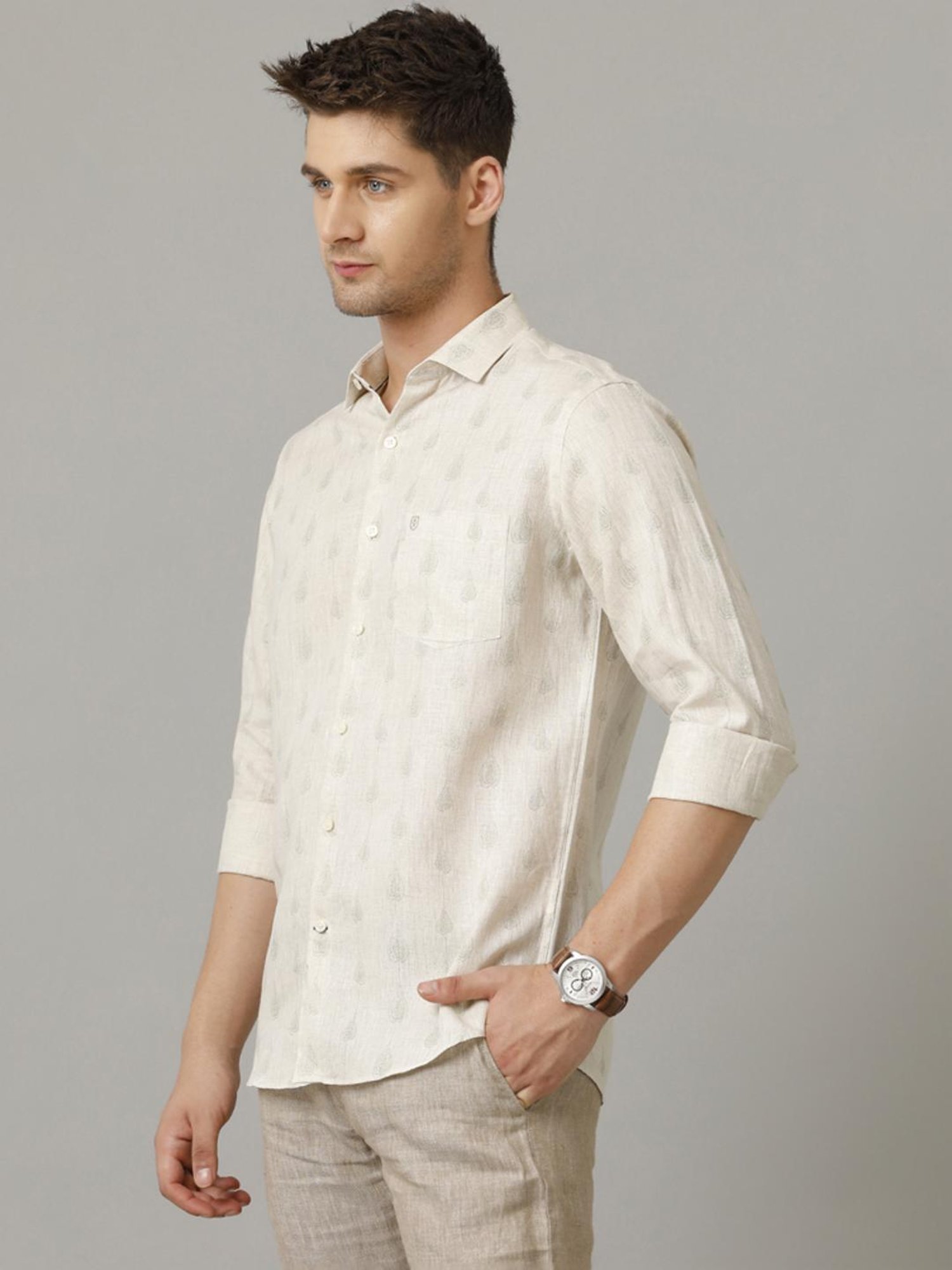 Linen Club Beige Linen Contemporary Fit Printed Shirt