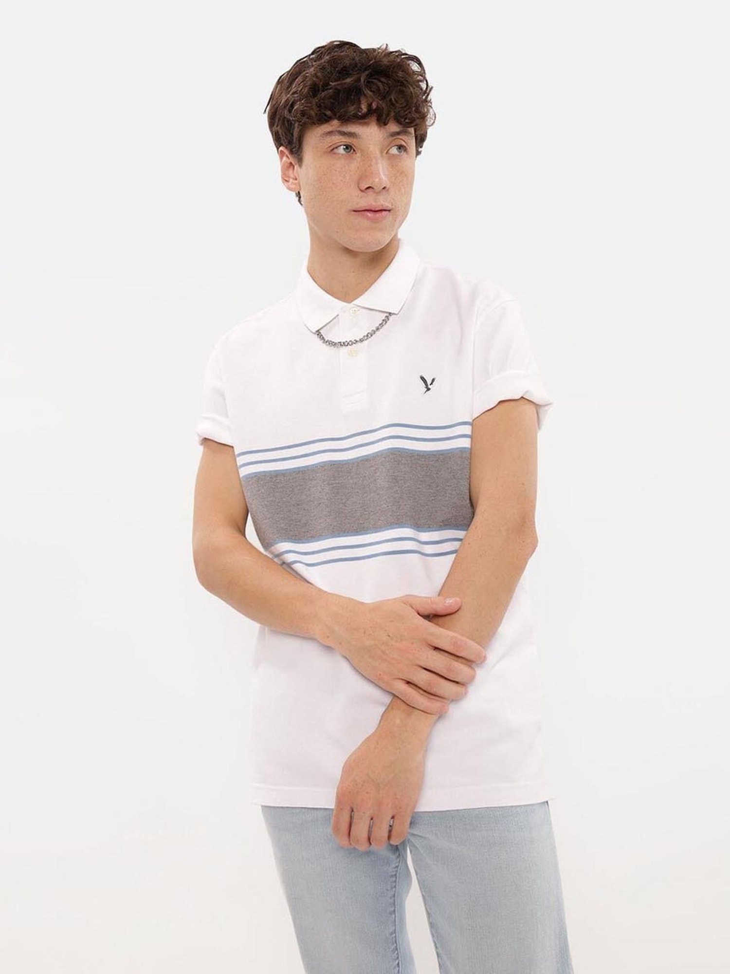 American Eagle Outfitters White Regular Fit Colour Block Polo T-Shirt