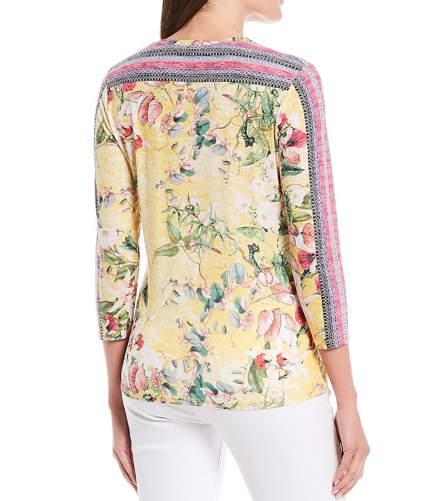 Reba Crystal Embellished Floral Border Print 3/4 Sleeve Burnout Jersey Tee