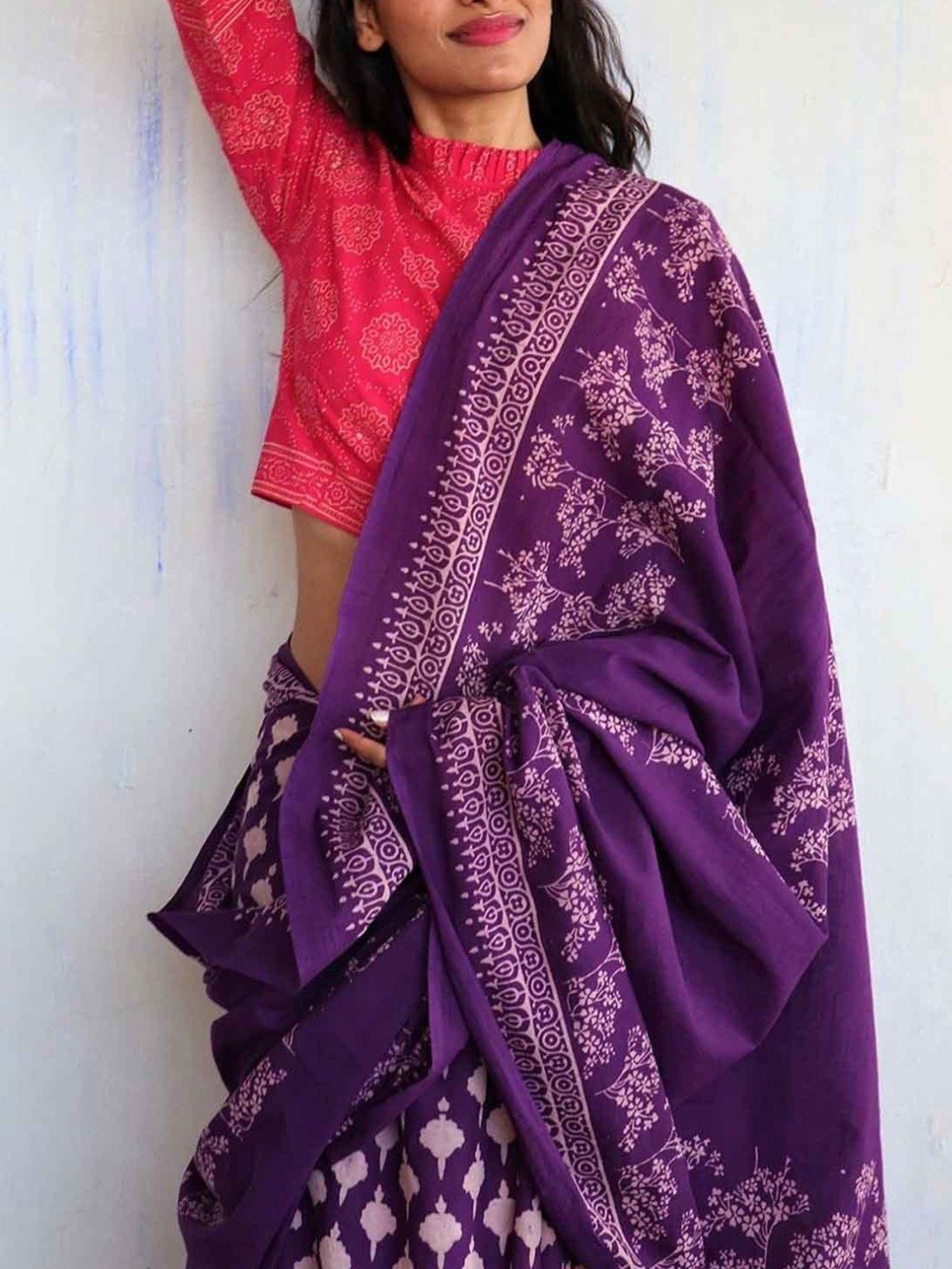 Chidiyaa Purple Block Printed Cotton Mulmul Saree - Butterfly Girls