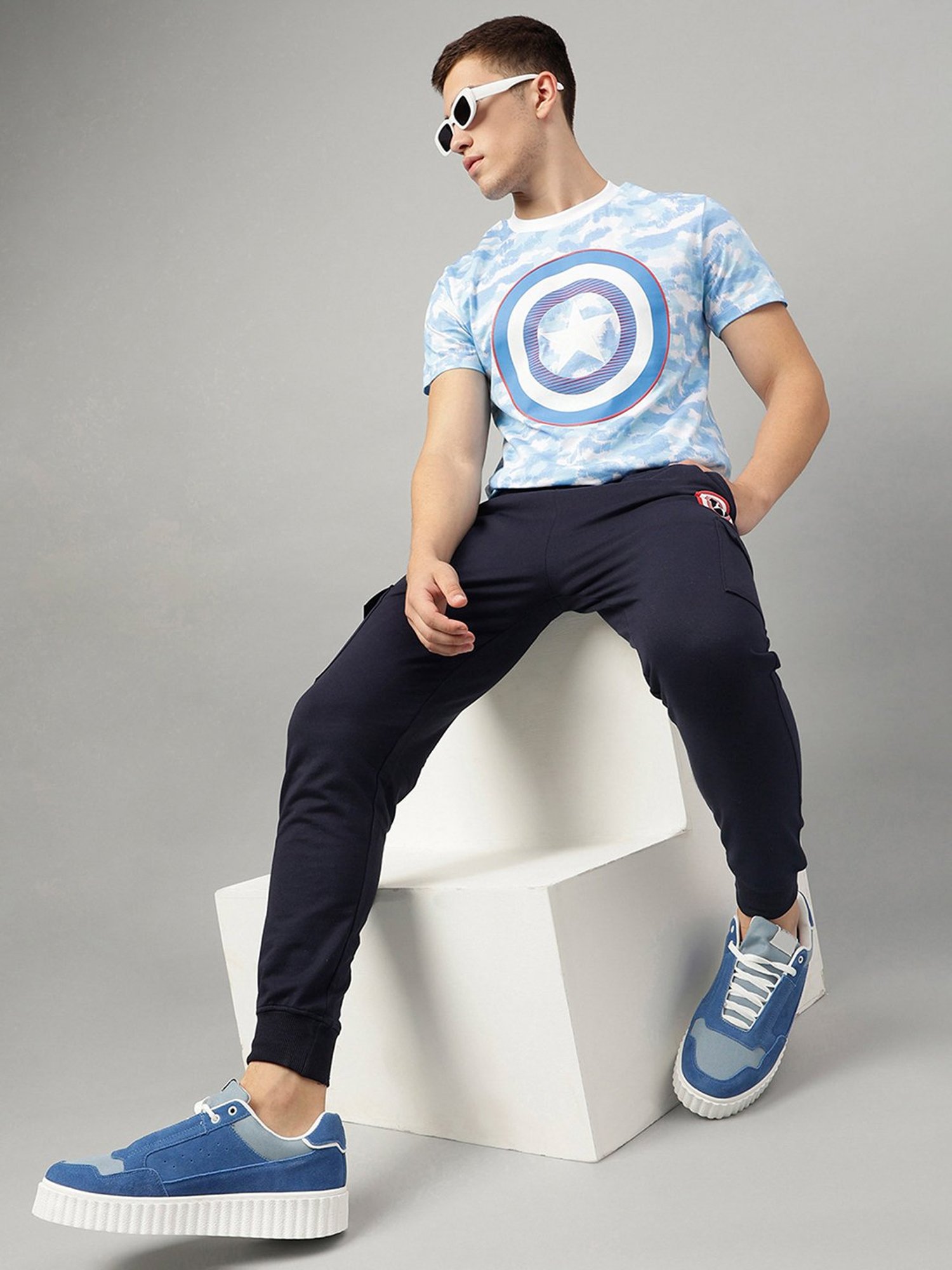 Free Authority Blue & Navy Regular Fit Printed T-Shirt & Joggers Set