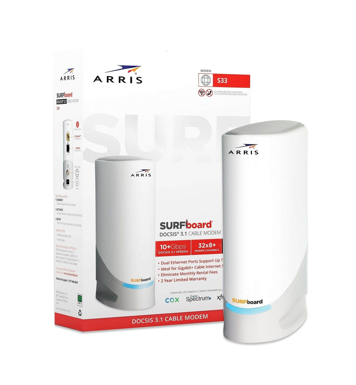 ARRIS Surfboard S33 DOCSIS 3.1 Multi-Gigabit Cable Modem with 2.5 Gbps Ethern...