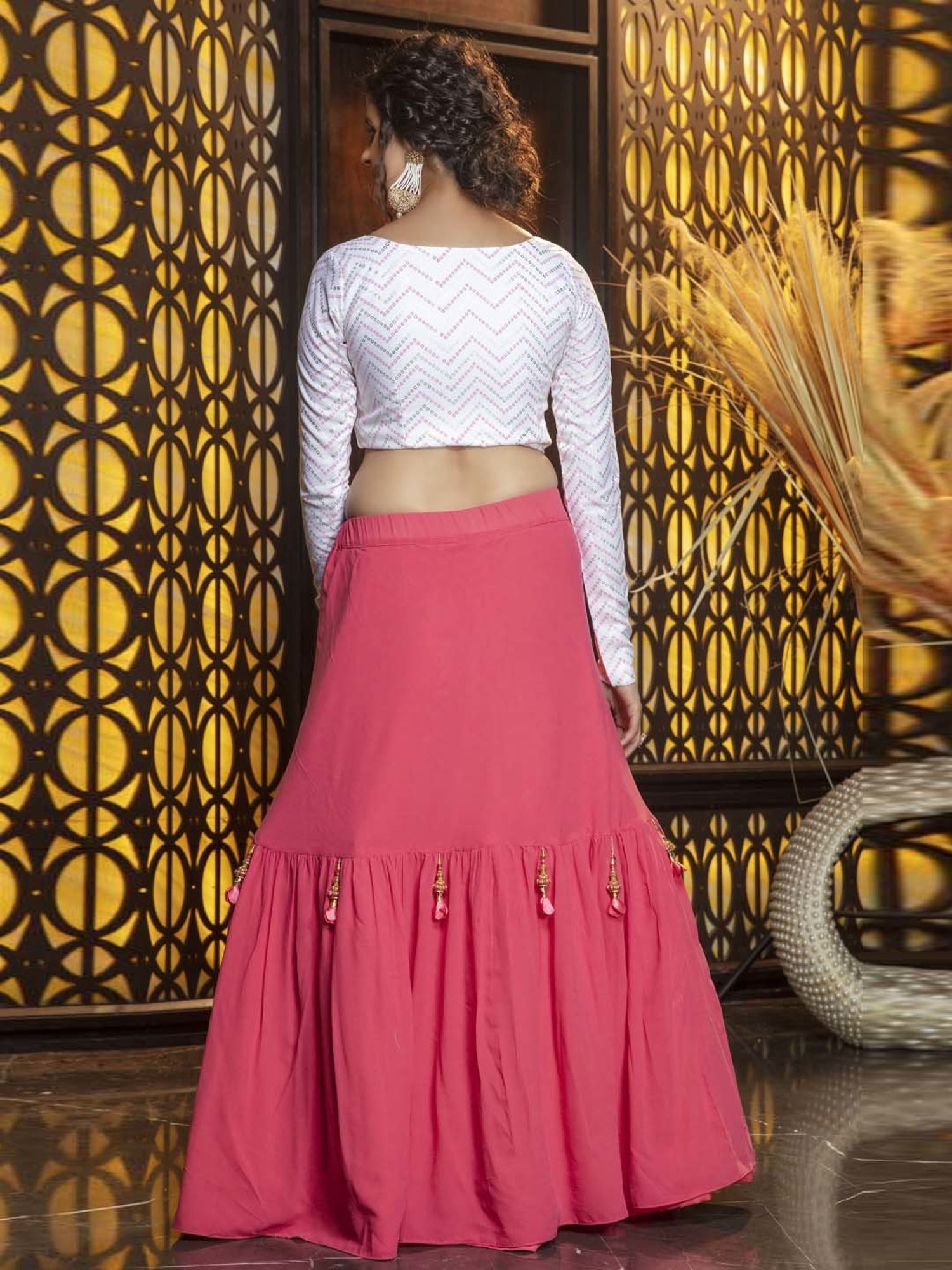SHUBHKALA Pink & White Lehenga Choli Set With Dupatta