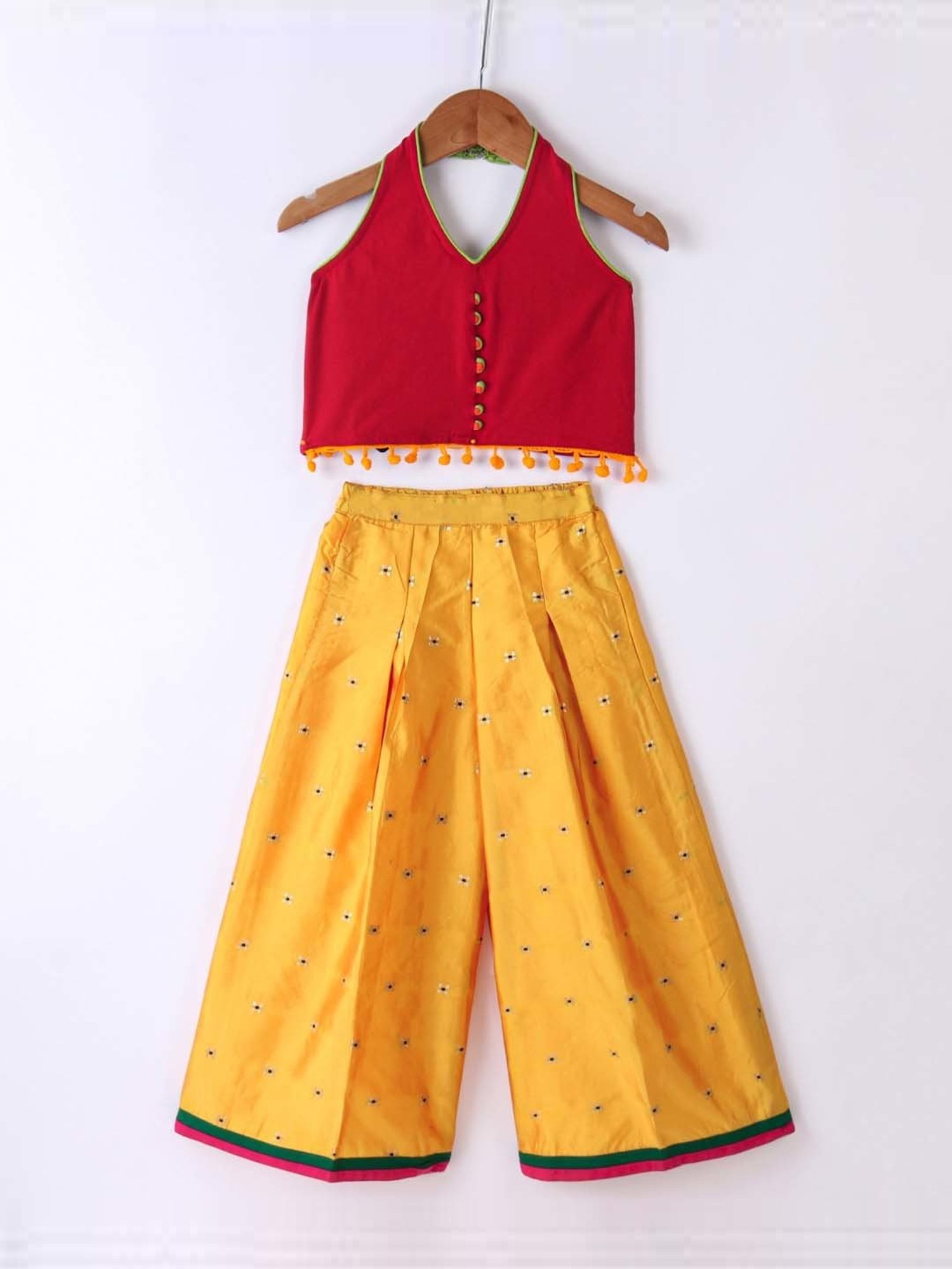 TWISHA Kids Red & Yellow Cotton Self Pattern Top Set