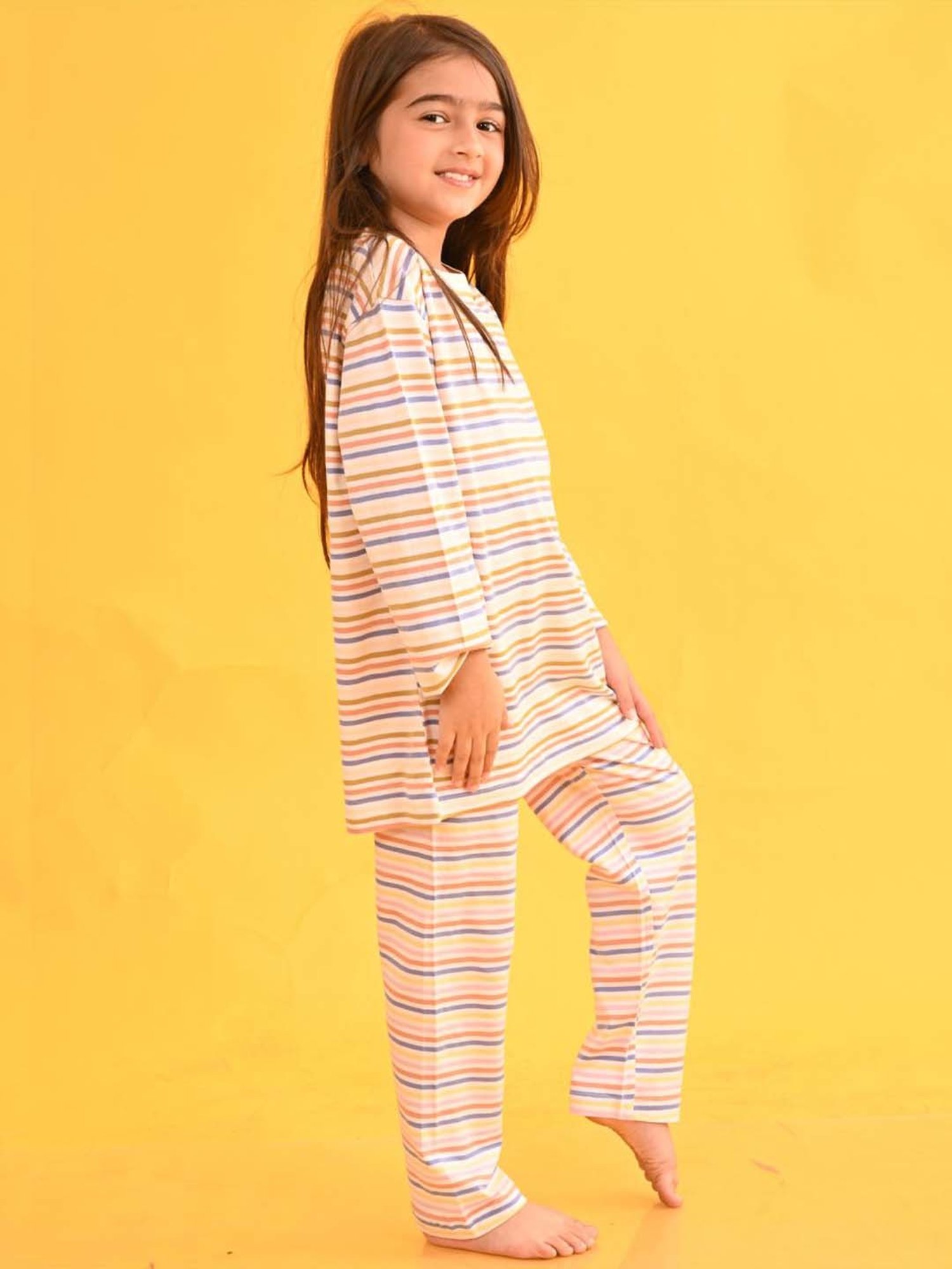 Anthrilo Kids Beige Cotton Striped Full Sleeves T-Shirt & Trouser