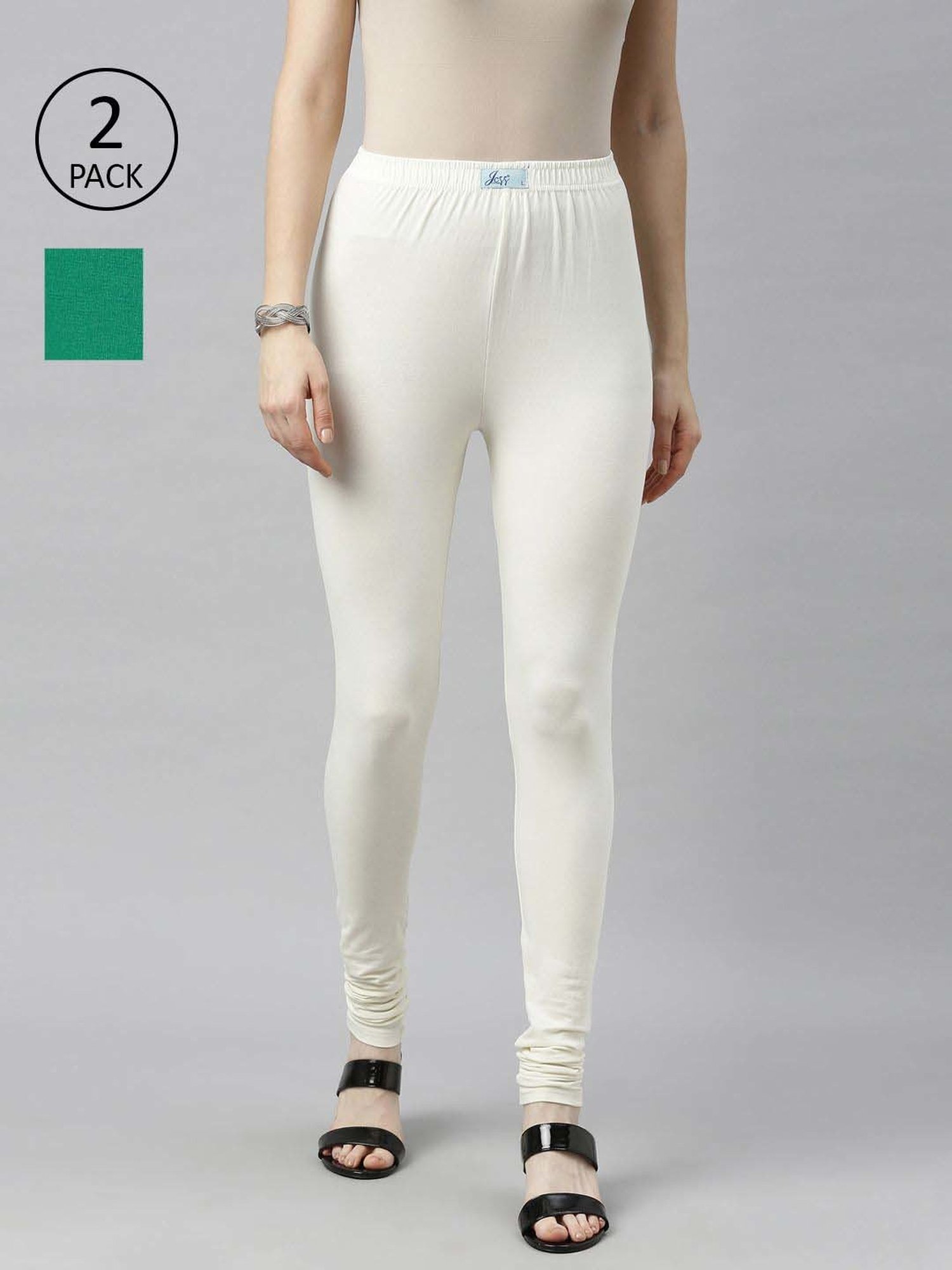 JCSS Cream & Green Cotton Leggings - Pack Of 2