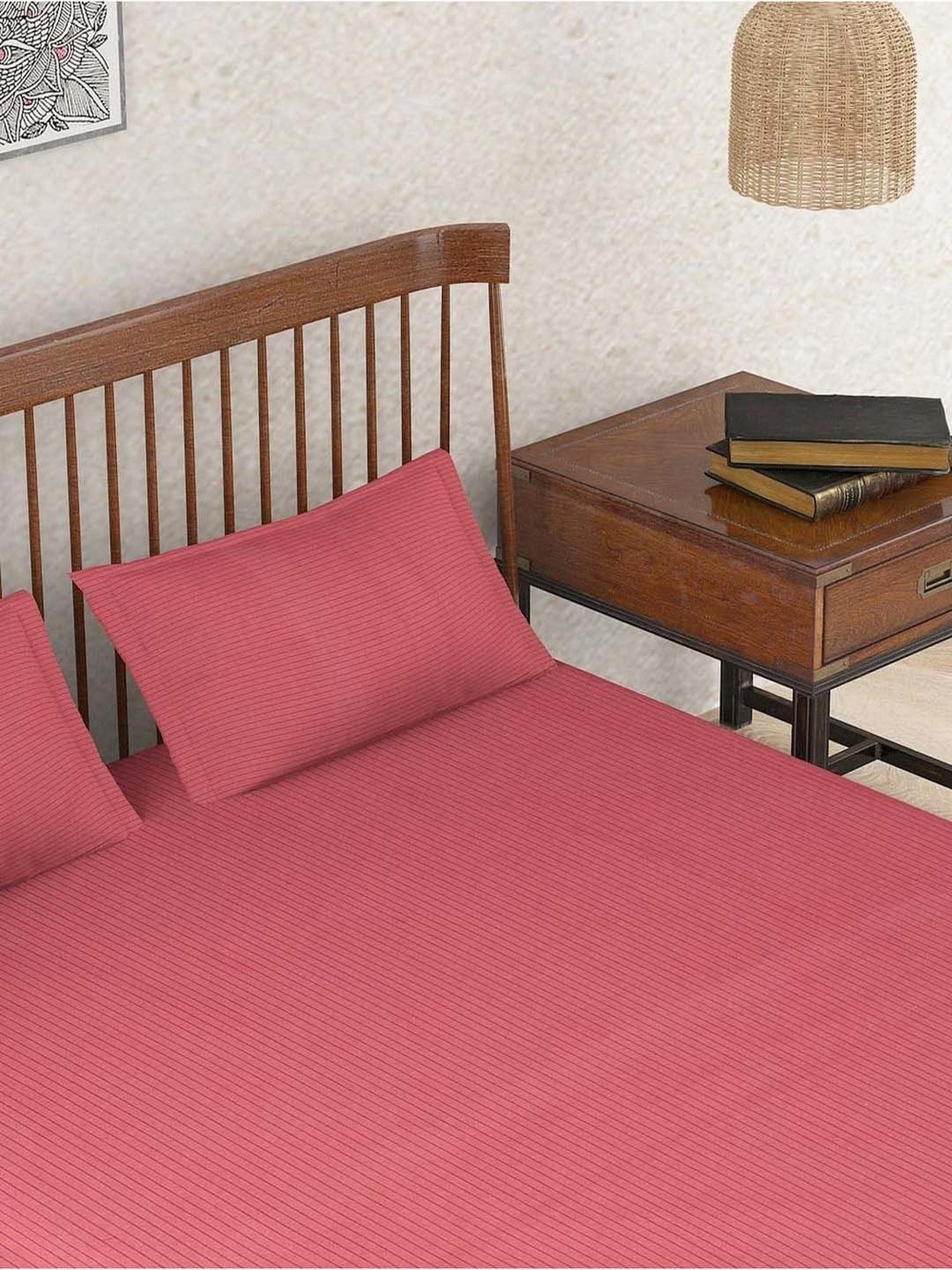 Fabindia Red Cotton 92 TC Single Bed Sheet With Pillow Cover
