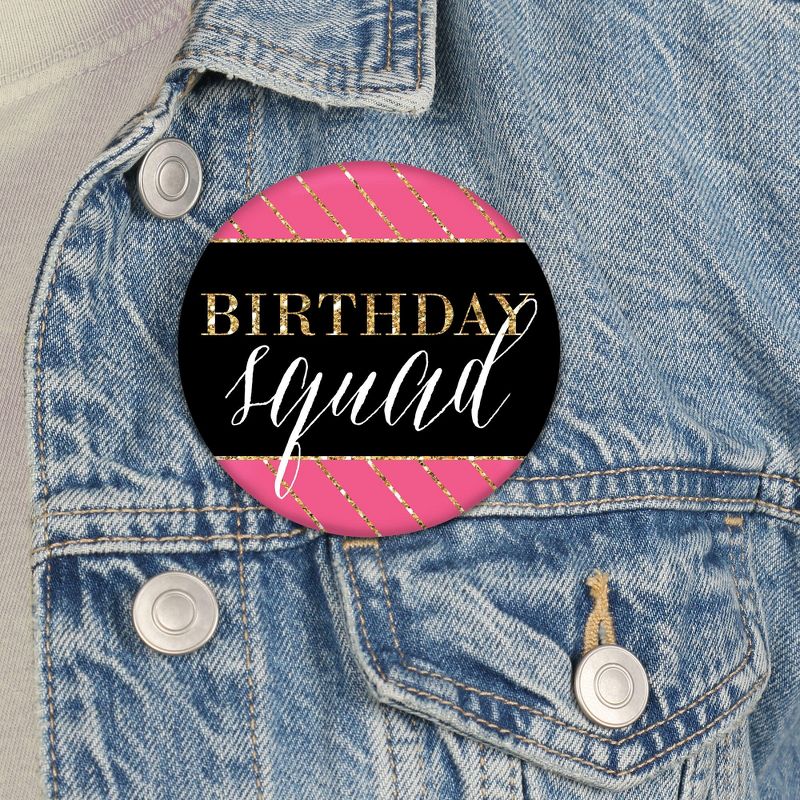 Big Dot of Happiness Chic Happy Birthday - Pink, Black and Gold - 3 inch Birthday Party Badge - Pinback Buttons - Set of 8