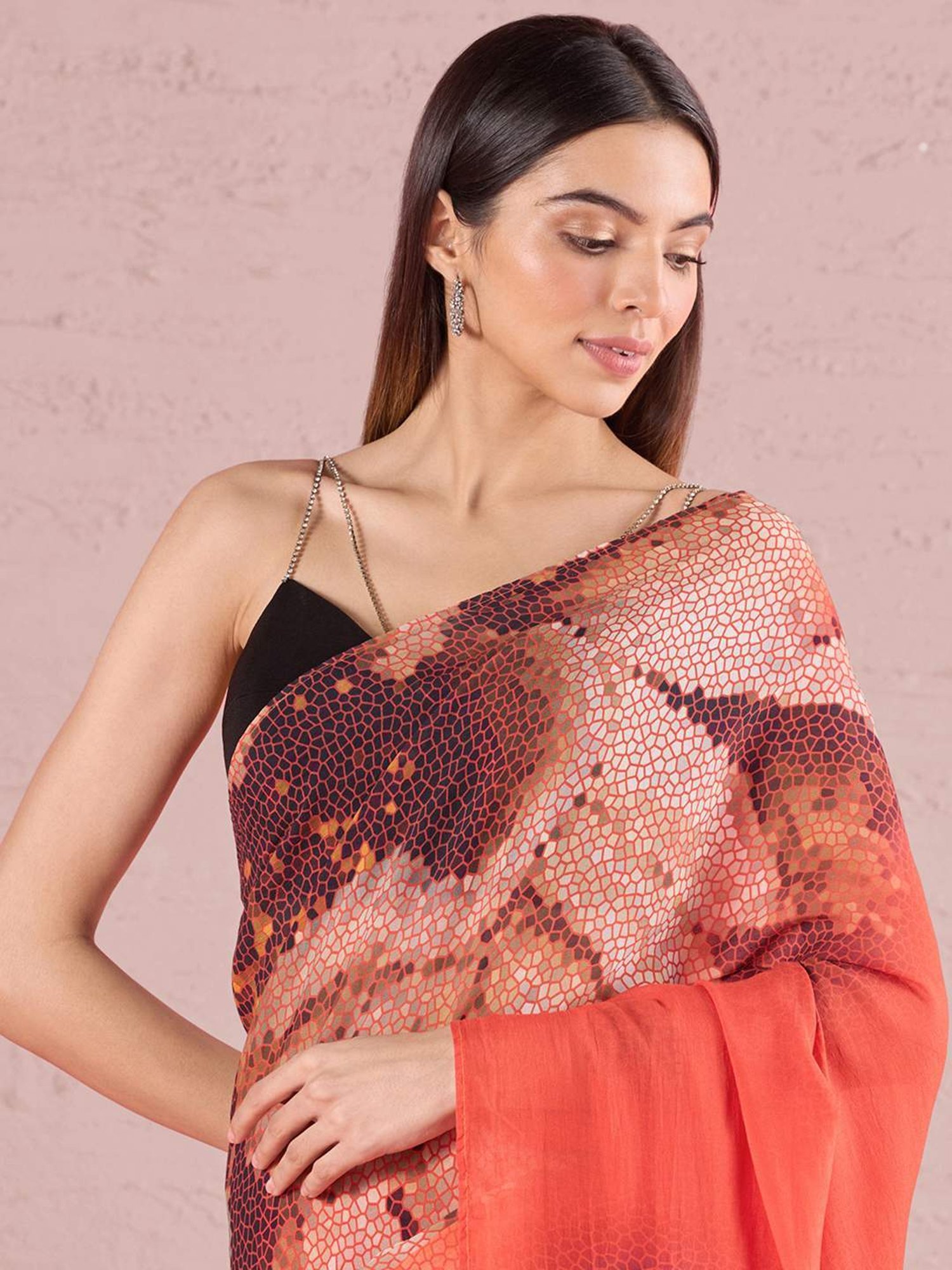 navyasa by liva Orange Printed Saree With Unstitched Blouse