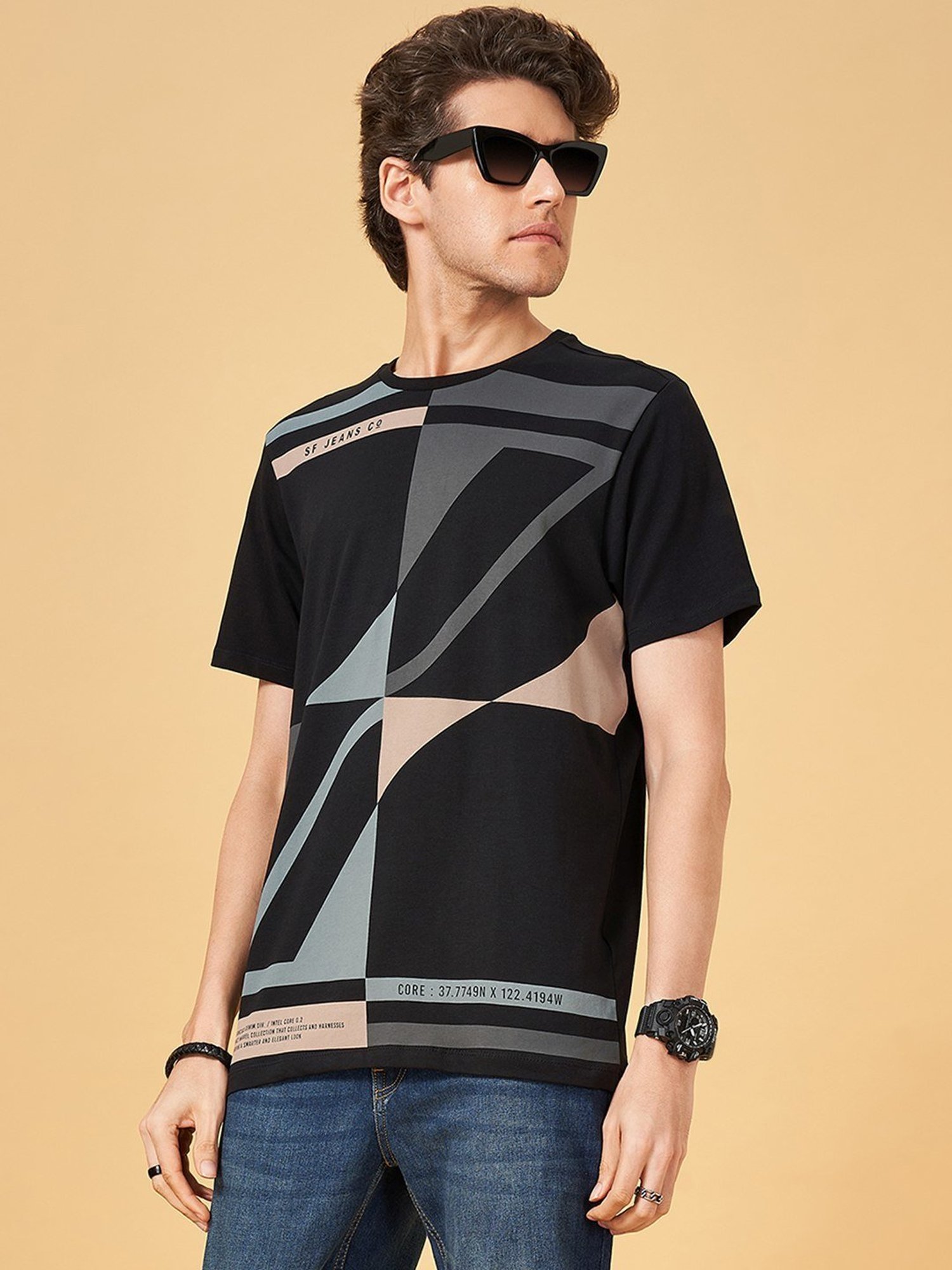 SF Jeans by Pantaloons Jet Black Cotton Slim Fit Printed T-Shirt