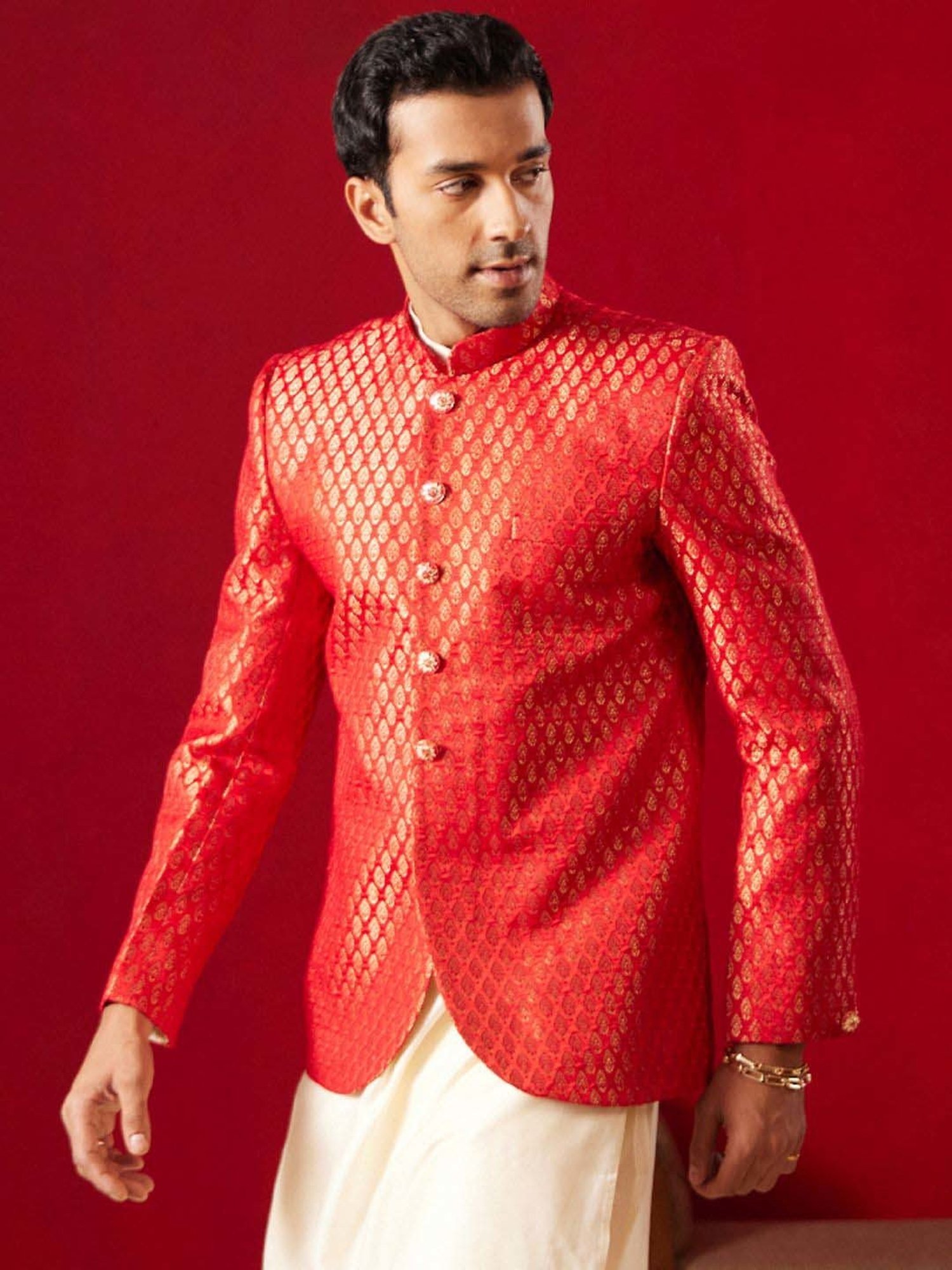 Vastramay Red Regular Fit Embroidered Ethnic Blazer