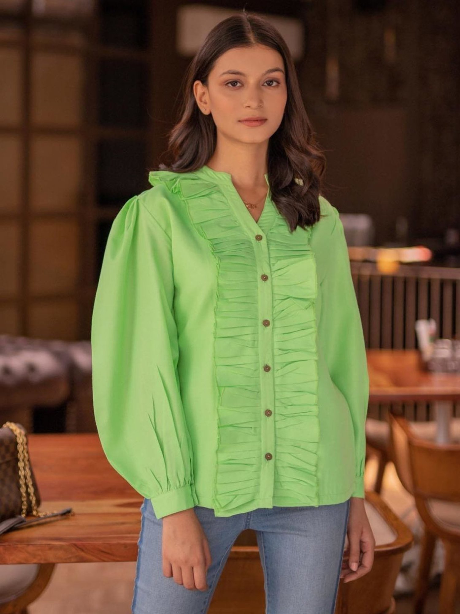 BInfinite Green Chartreuse Ruffled Shirt