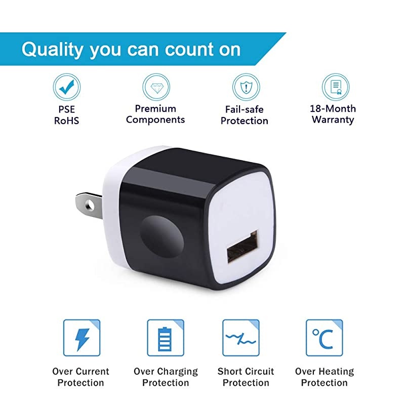 Port USB Wall Charger, Charging Block, 5Pack Travel 1A USB Charger Cube Brick Charger Boxes Compatible iPhXs Max/X/8 Plus/7/6S Plus, Samsung Galaxy S10e S10 S9 S8 Plus/S7/Note 9/8, LG G8 G7