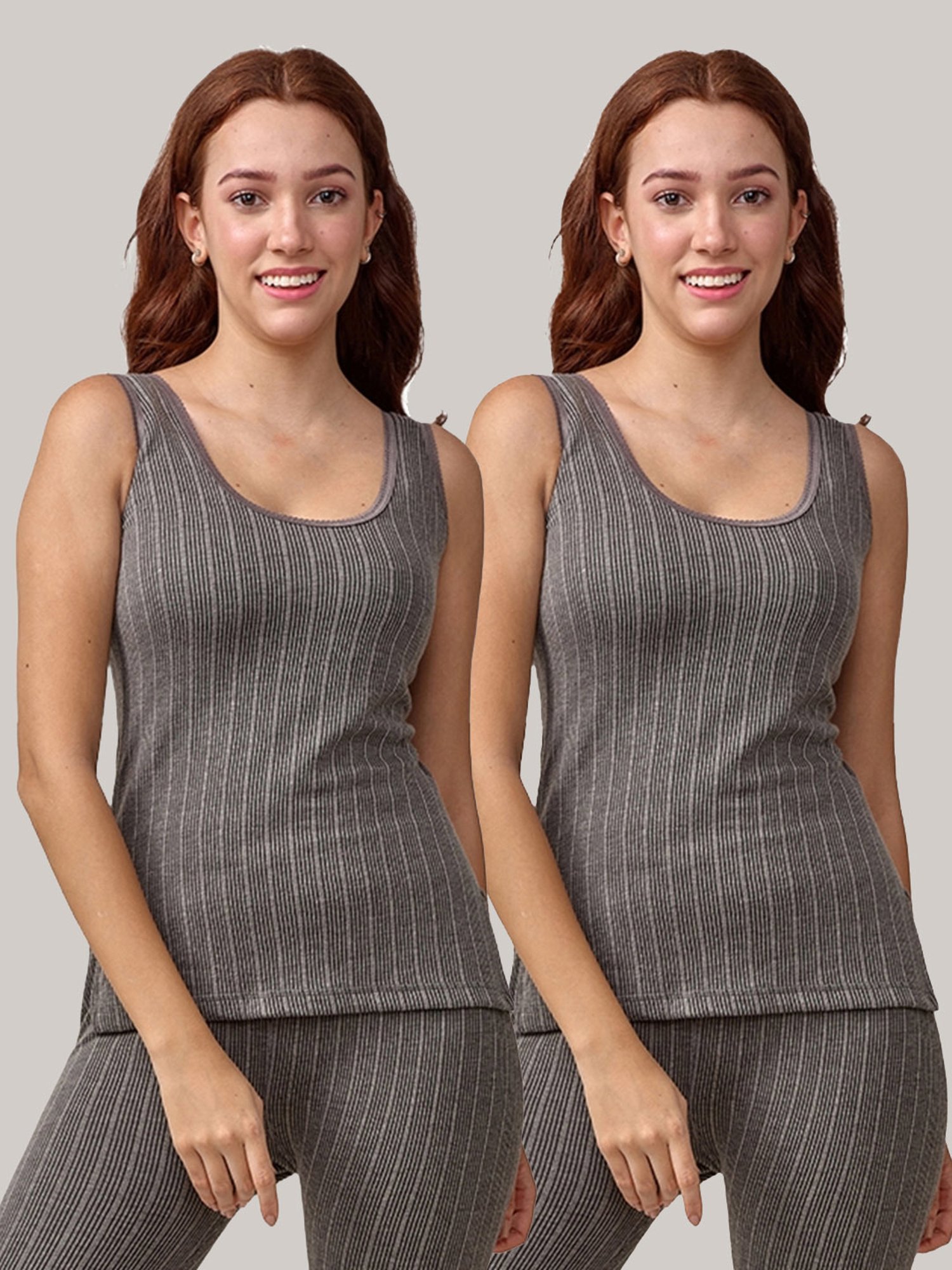 LUX Inferno Grey Striped Thermal Tank Top - Pack Of 2