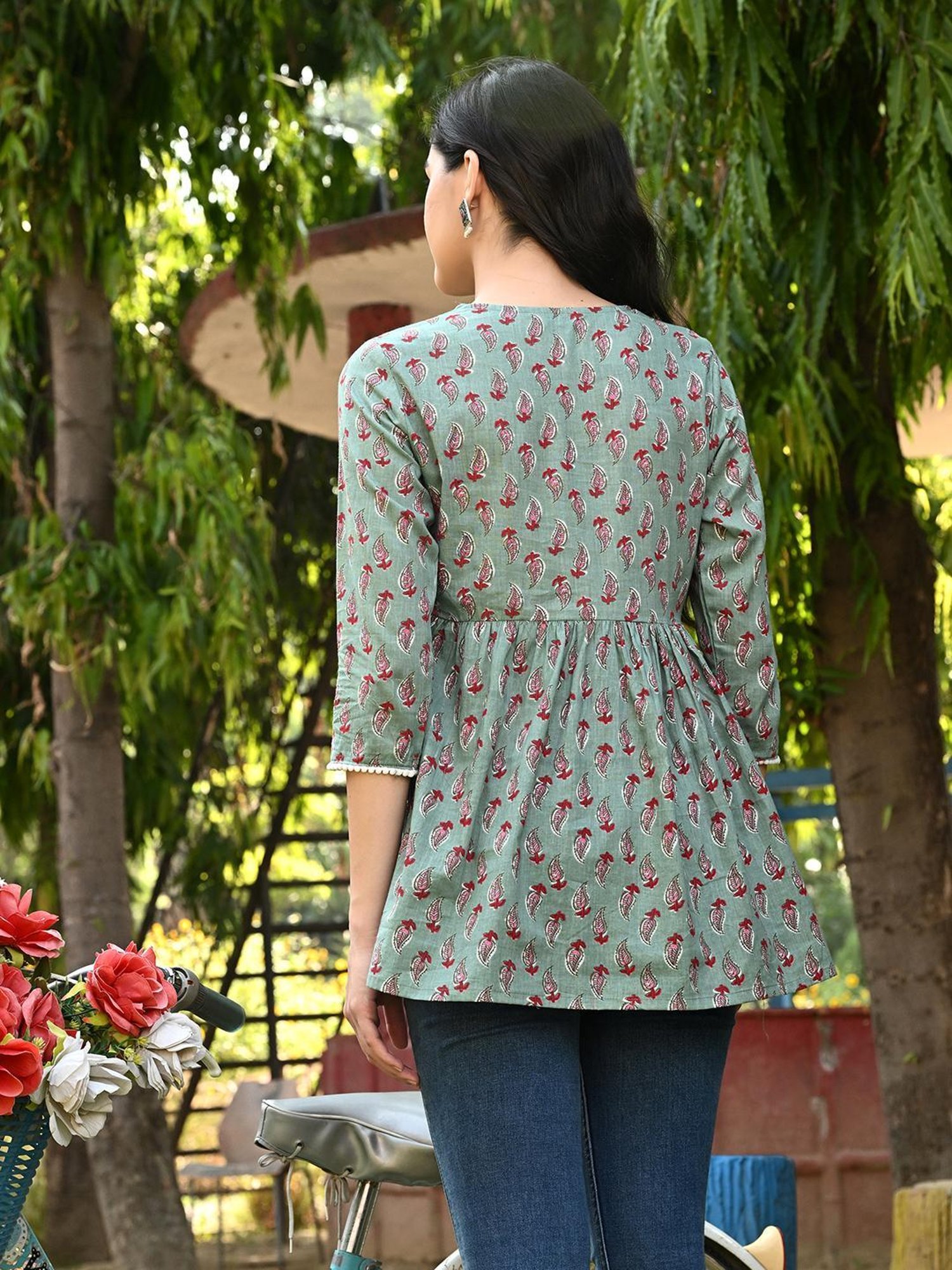 DECKEDUP Sage Green Cotton Printed Tunic