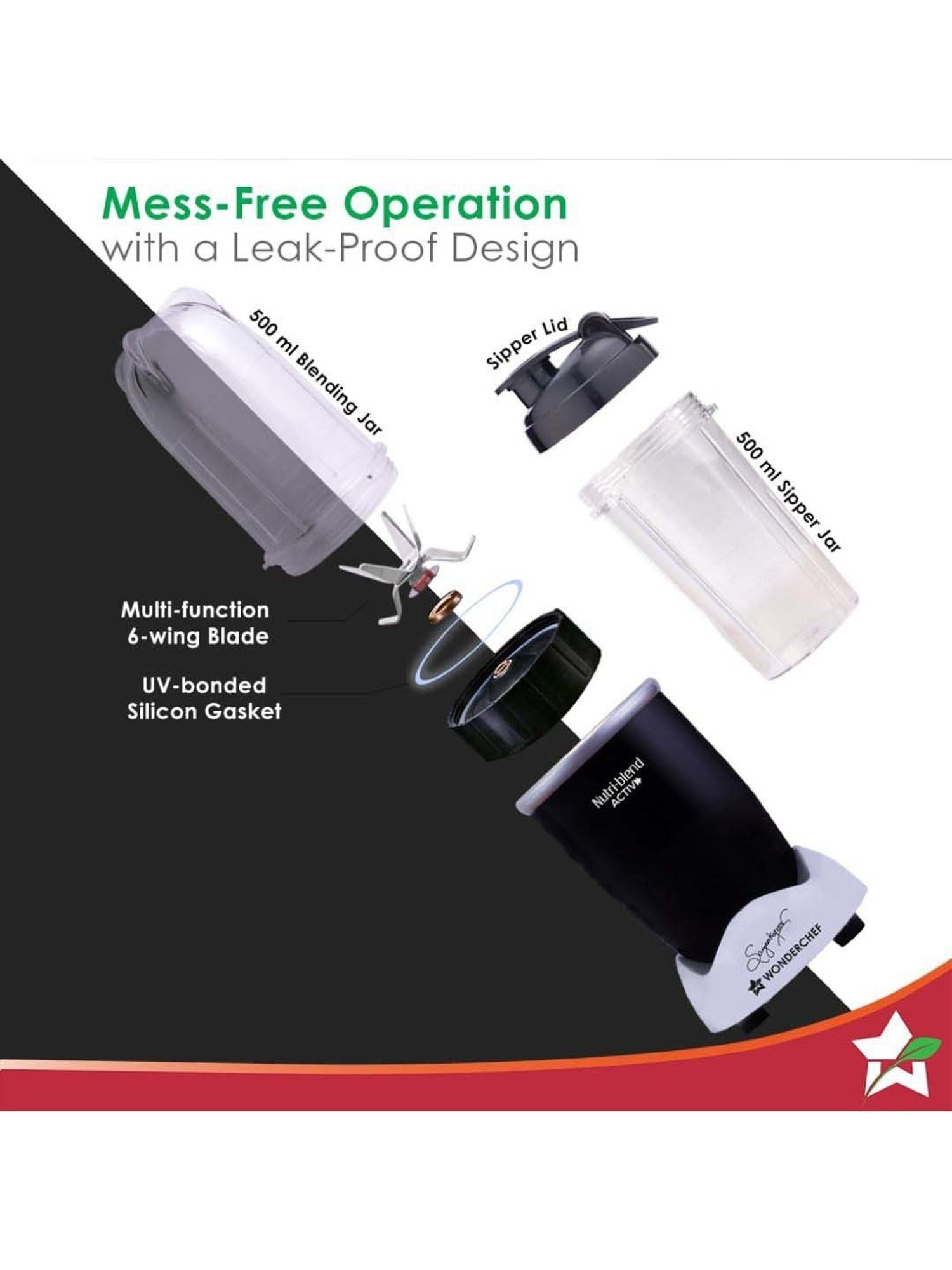 Wonderchef Nutri-Blend Activ 22000 RPM Mixer Grinder with 2 Unbreakable Jars (500W, Black)