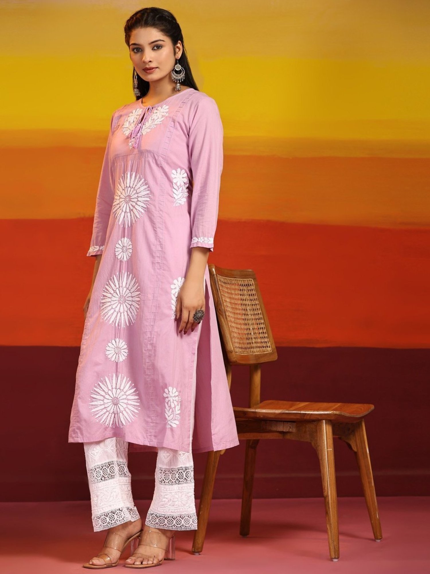 House Of Kari Samma Chikankari Long Kurti In Cotton for Women- Lavender