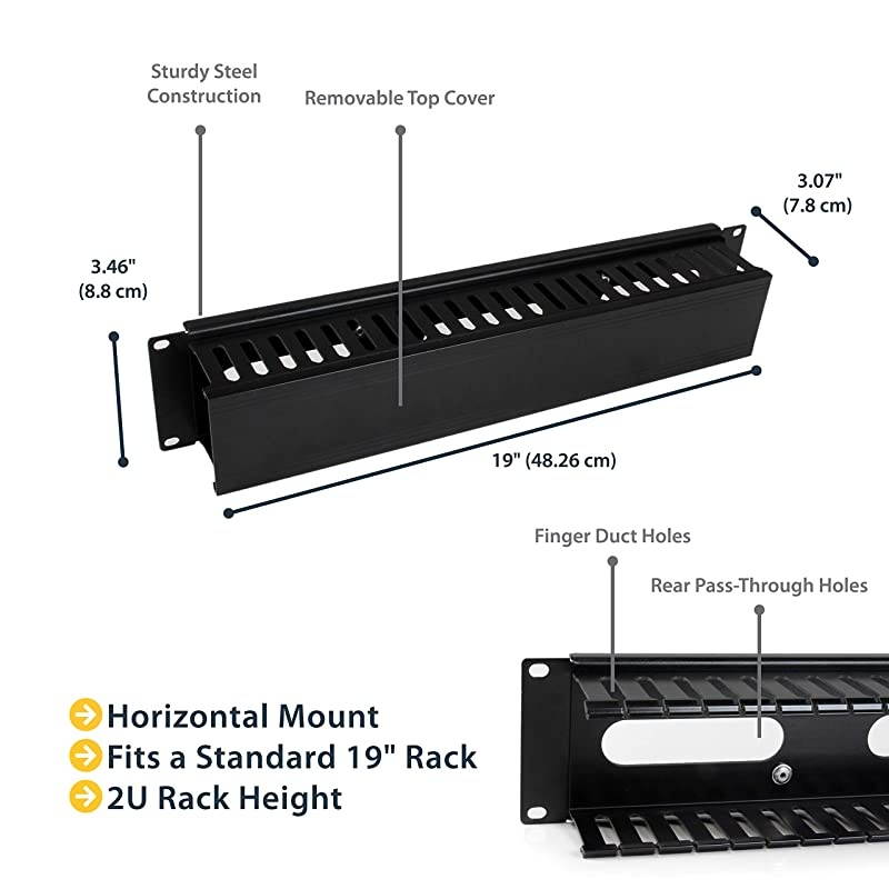 com Horizontal 2U Server Rack Cable Management Finger Duct w Cover 19 Network Rack Wire Duct Raceway Panel Slotted Wire Duct CMDUCT2UBlack