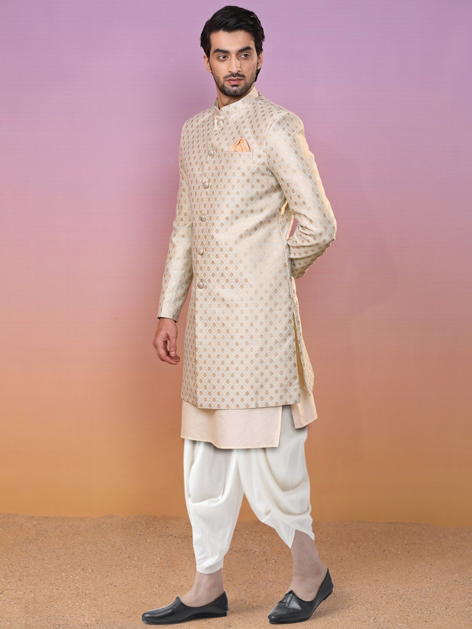 Kisah Beige & White Regular Fit Jacquard Sherwani Set