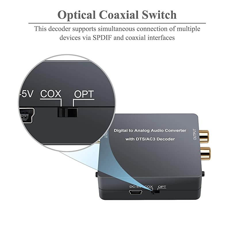 Digital to Analog Audio Converter Support DolbyDTS Decoder Optical Out to RCA DAC Decoder Optical to 35mm Converter OpticalSPDIFToslinkCoaxialDTSPCM51CH to 2CH Analog Stereo