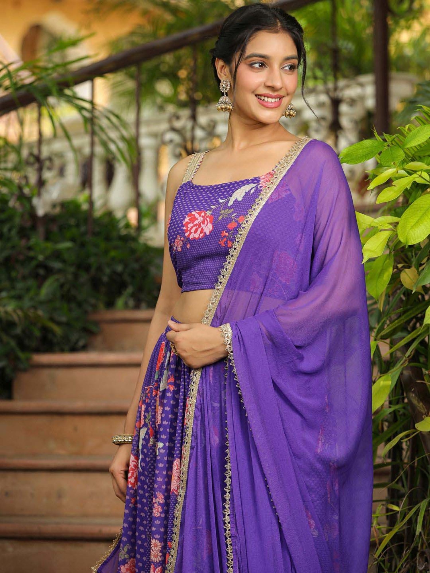 Janasya Purple Printed Lehenga Choli Set With Dupatta