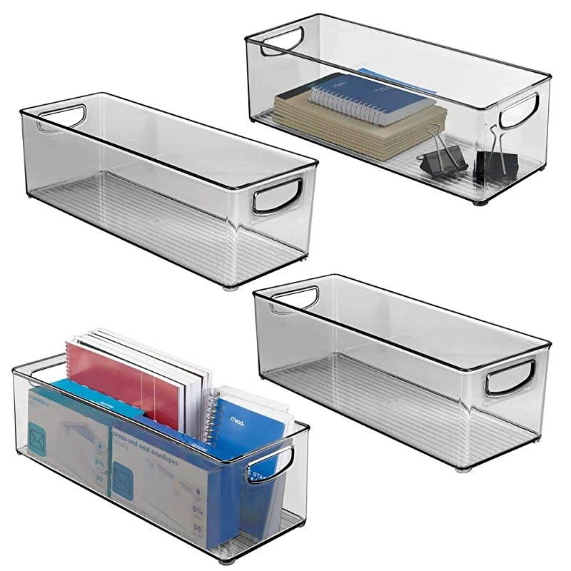 Large Stackable Plastic Storage Bin Container Home Office Desk and Drawer Organizer Tote with Handles Holds Gel Pens Erasers Tape Pens Pencils Markers 16 Long 4 Pack Smoke Gray