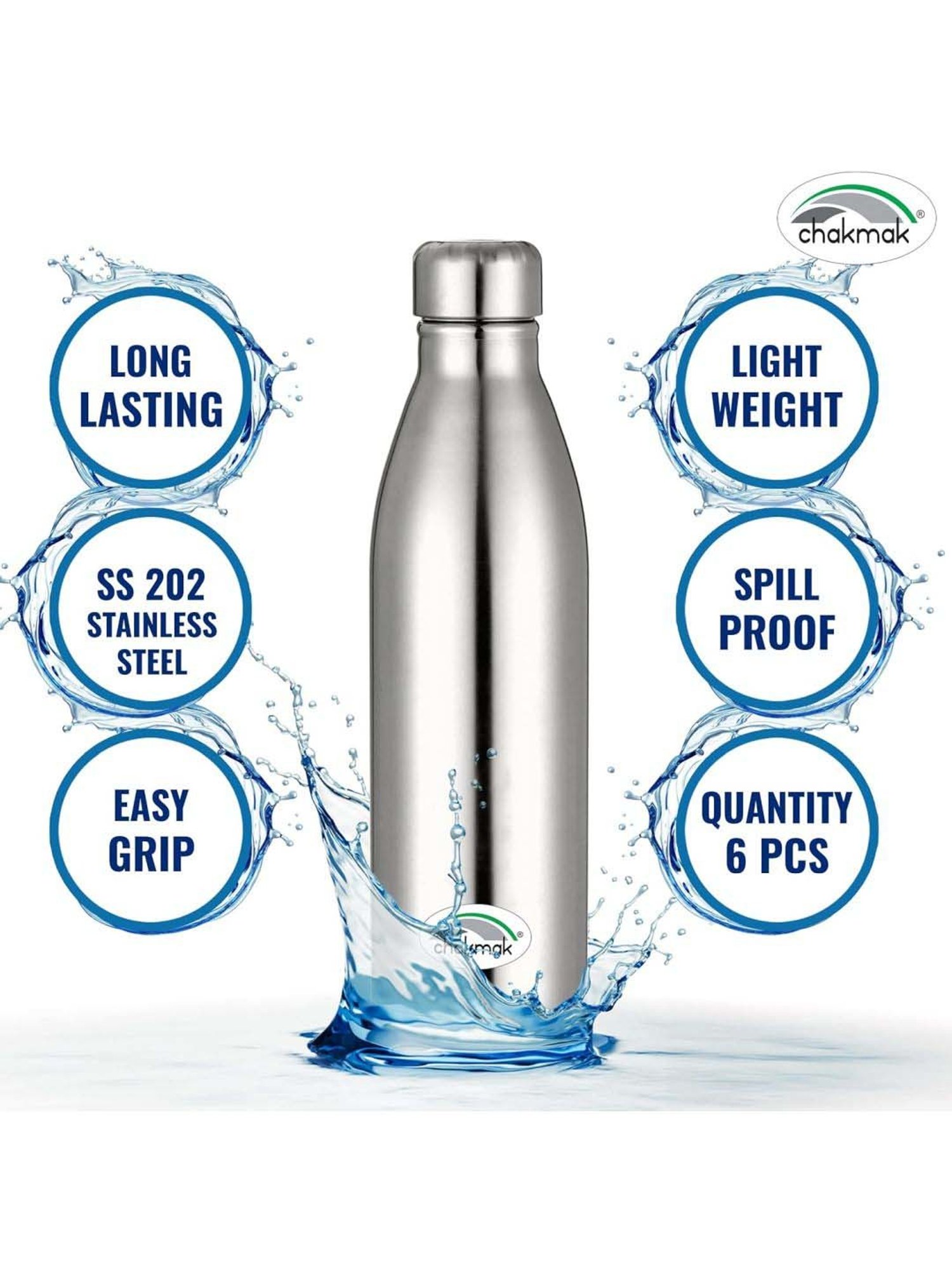 Chakmak Silver Stainless Steel Water Bottle - Set of 6