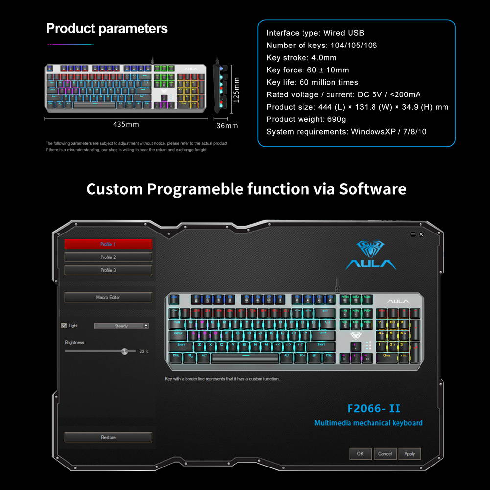 AULA F2066 II Wired Mechanical Gaming Keyboard with 104 Keys Support 6-key and N-key Mode Metal Panel Keyboard, Black