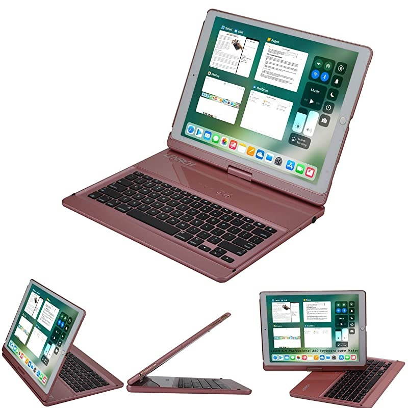 iPad pro 12.9 Keyboard case 2017 2nd 2015 1st Gen,360 Rotatable Wireless Keyboard Smart Folio 180 Swivel Stand Hard Shell Cover Auto Sleep/Wake up Rose Gold
