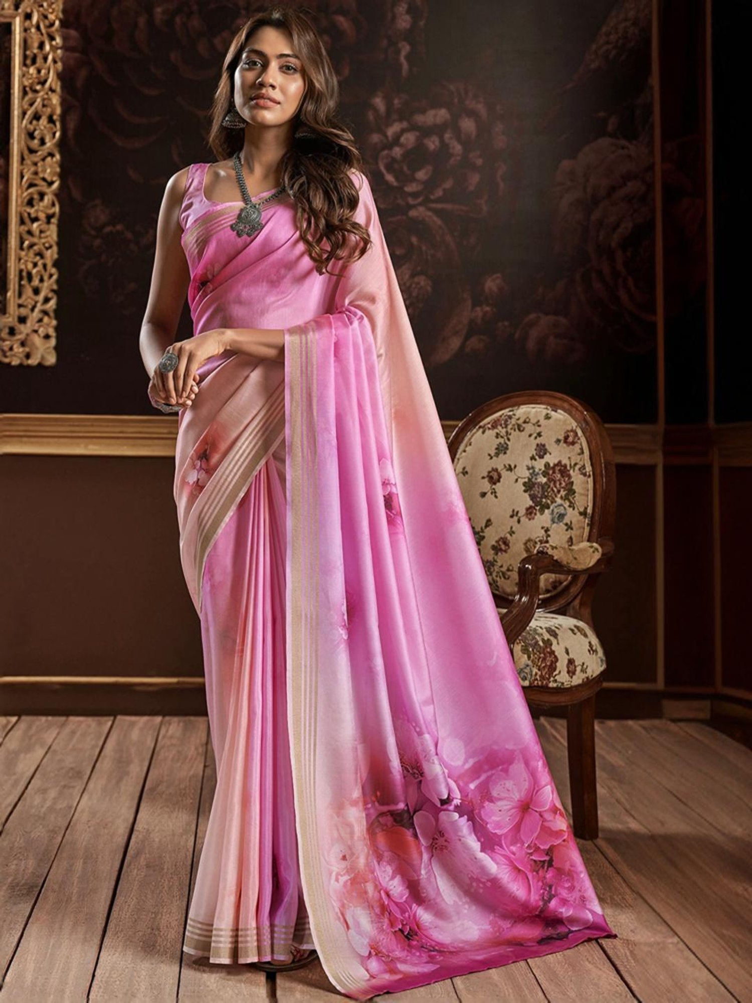 Satrani Pink Floral Print Saree With Unstitched Blouse
