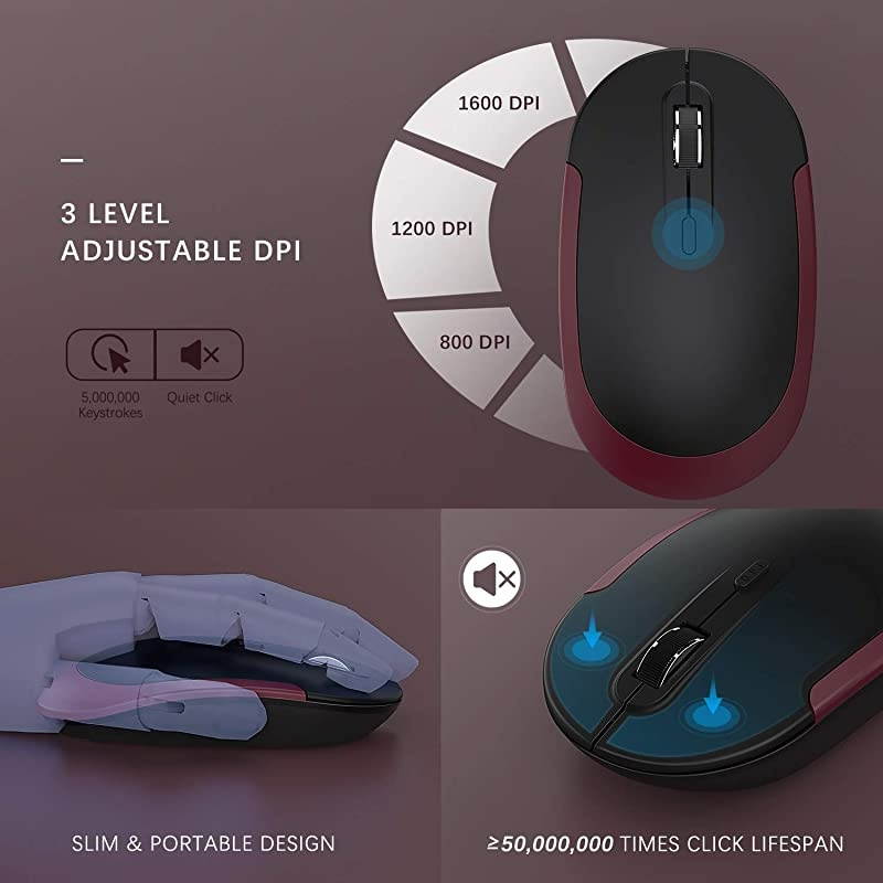 Wireless Keyboard and Mouse,  2.4GHz Ultra Thin Full Size Wireless Keyboard Mouse Combo Set with Number Pad for Computer, Laptop, PC, Desktop, Notebook, Windows 7, 8, 10-(Wine Red and Black)