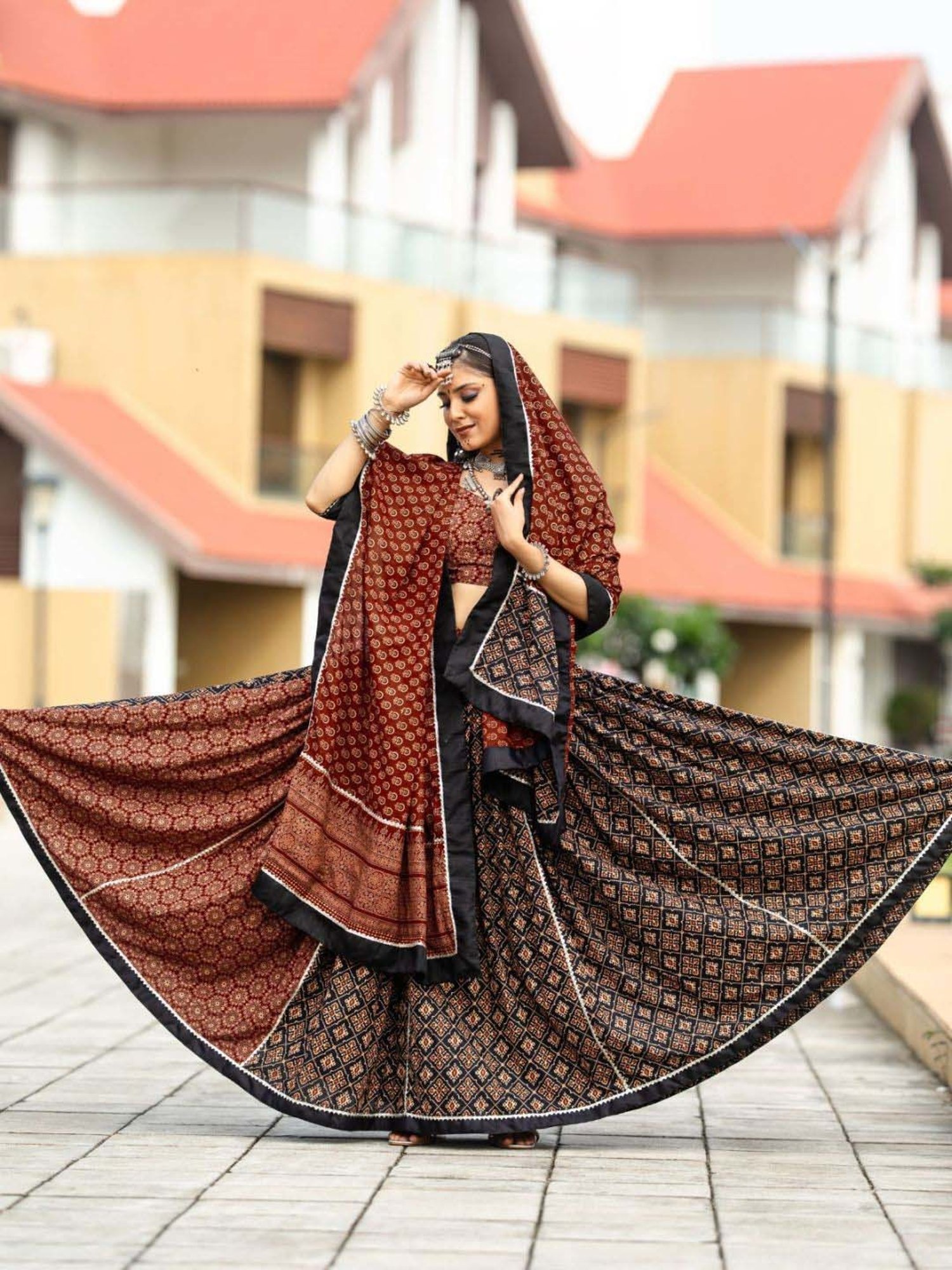 Odette Black & Maroon Cotton Printed Lehenga Choli Set With Dupatta
