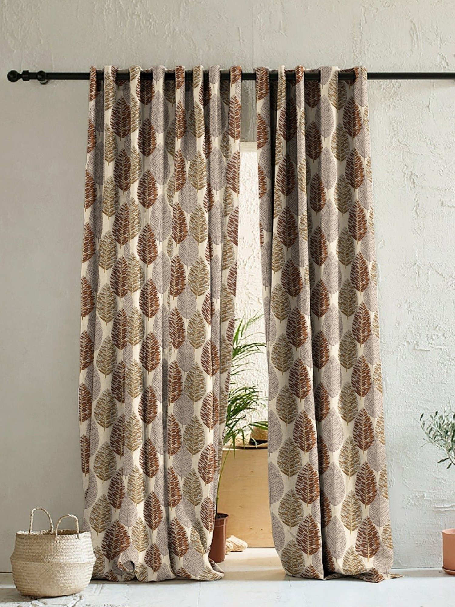 SPACES DRAPE STORY Elegent Grey & Brown Polyester 8 FT Door Curtain - Set of 2