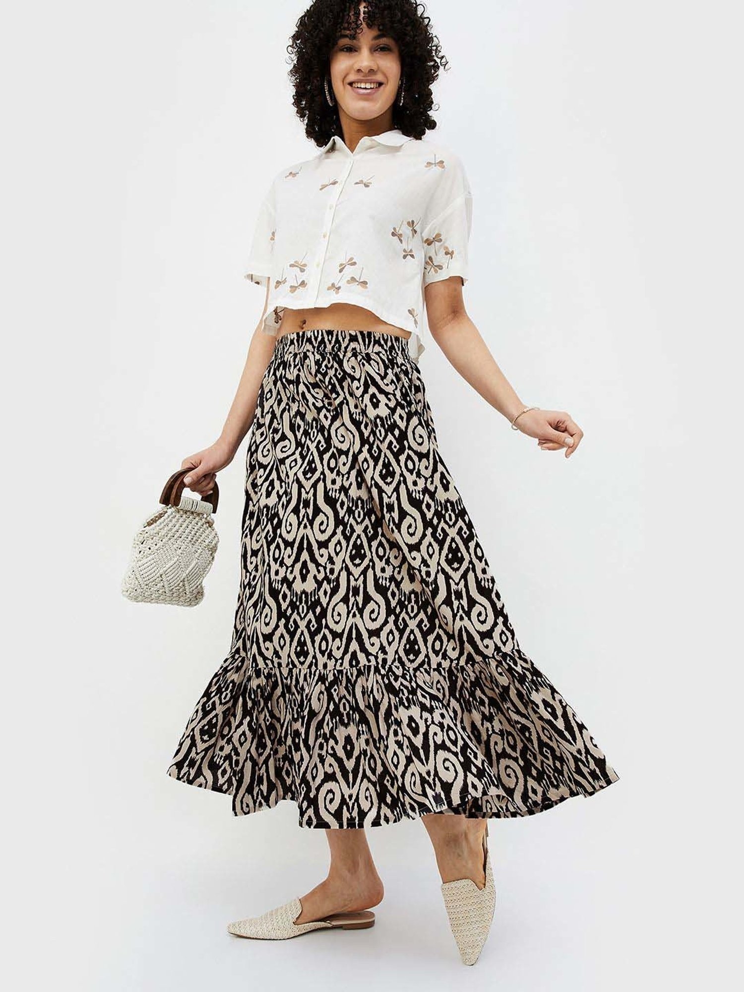 Colour Me by Melange Black Cotton Printed Skirt