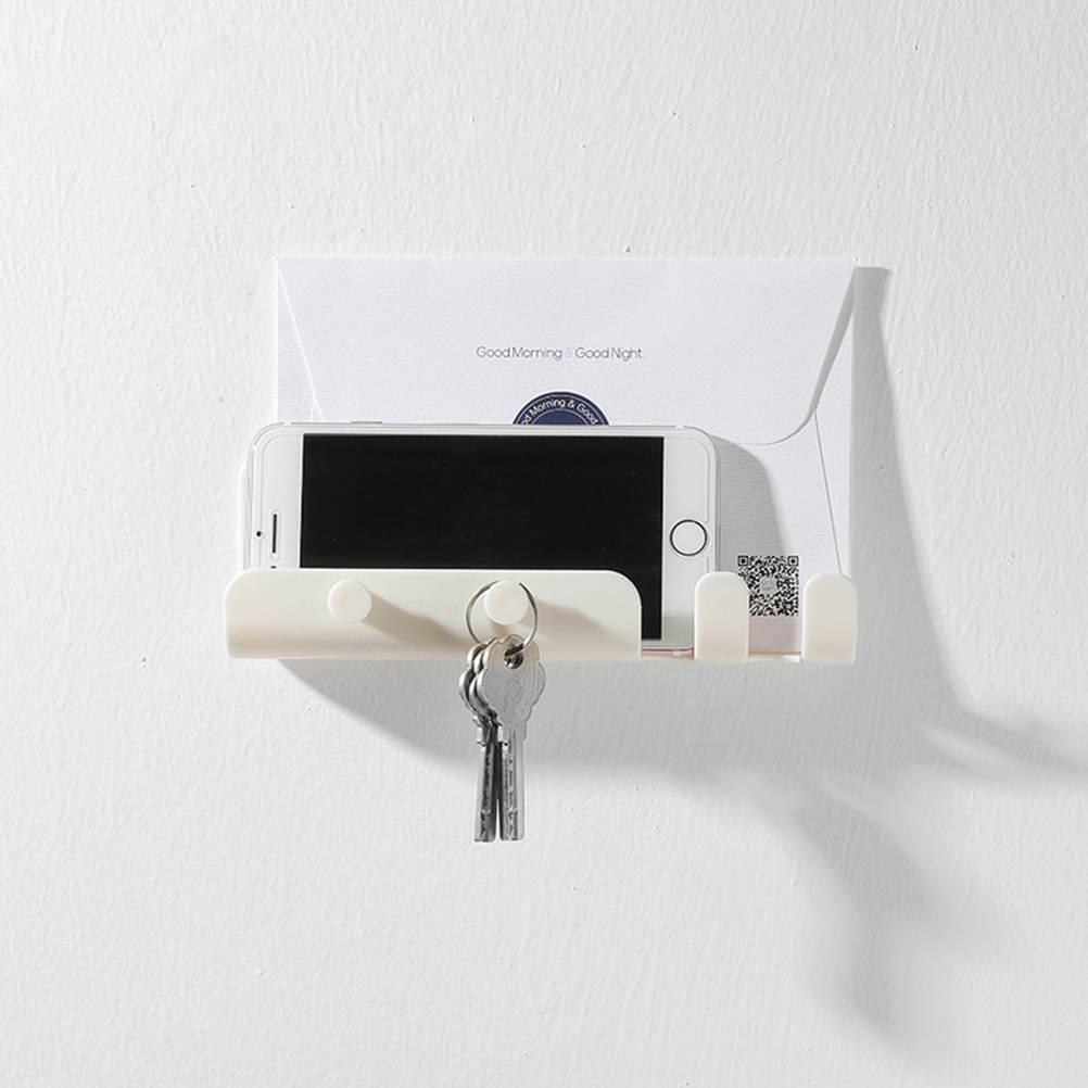 2PCS Sticky Wall Mounted Phone Stand Holder Multifunctional Traceless Charging Shelf with 4 Hooks for Bathroom Living Room (White)