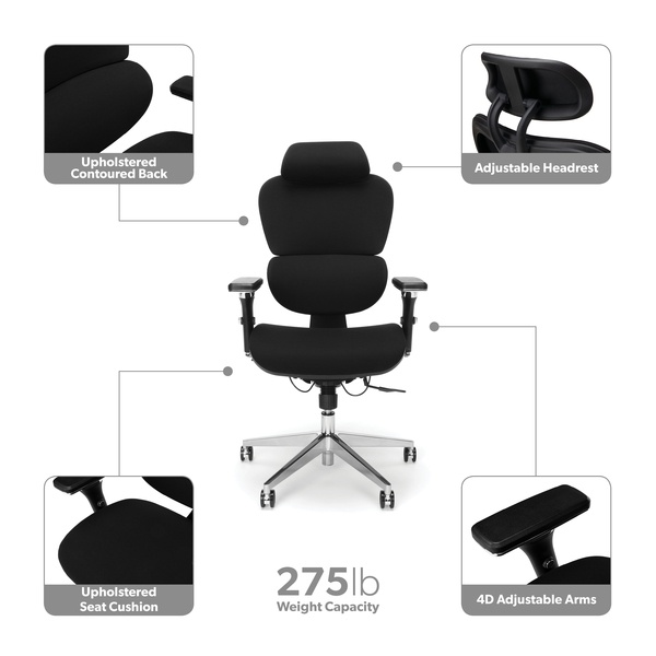 OFM Ergo Fabric Upholstered Office Chair with Optional Headrest, Lumbar Support, in Black (540-F-BLK)