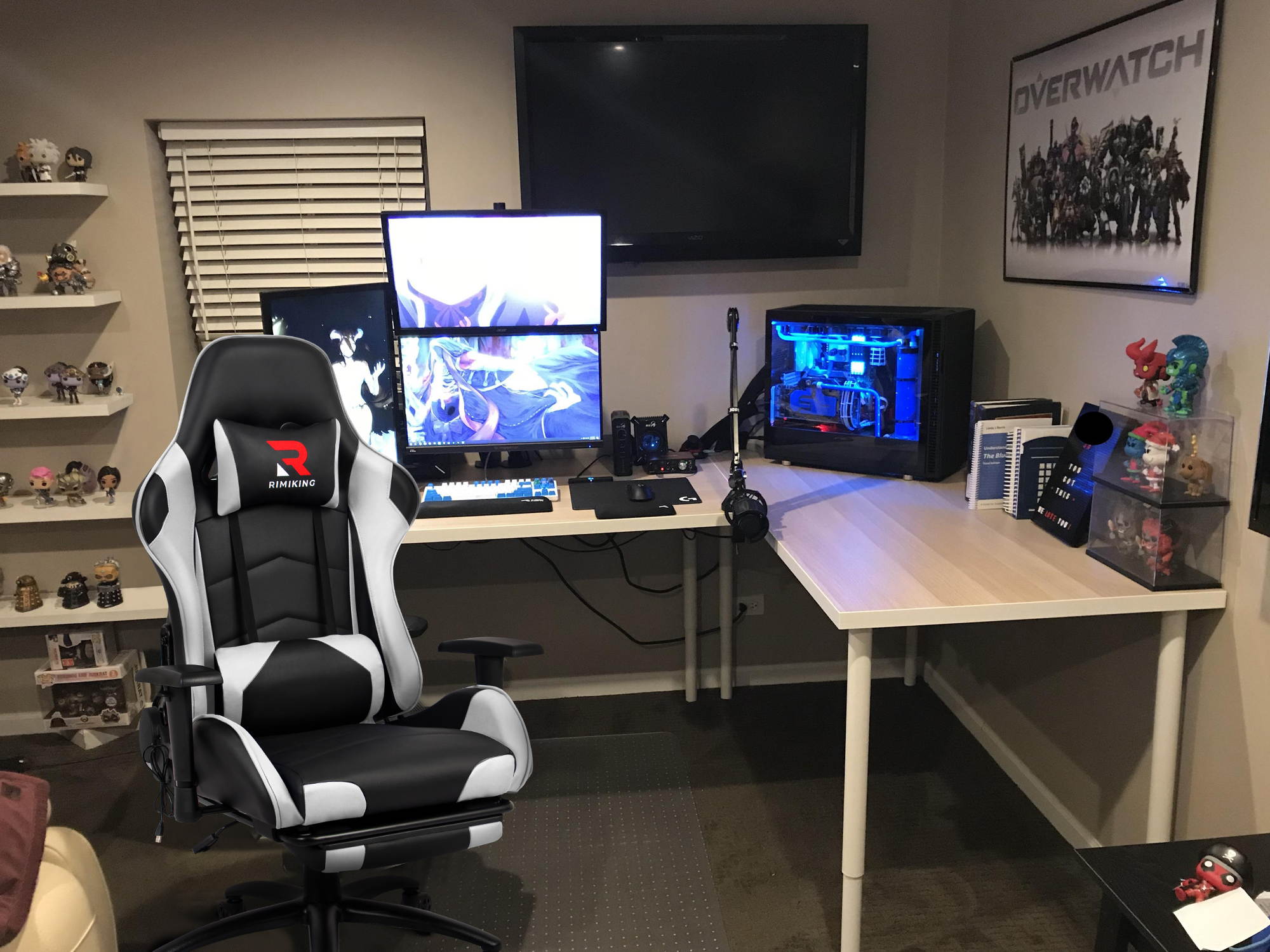 RIMIKINGMassage Gaming Chair with Retractable Footrest-Adjustable Lumbar Cushion Computer Office Racing Chair Headrest Swivel Rocking Desk Chair Ergonomic