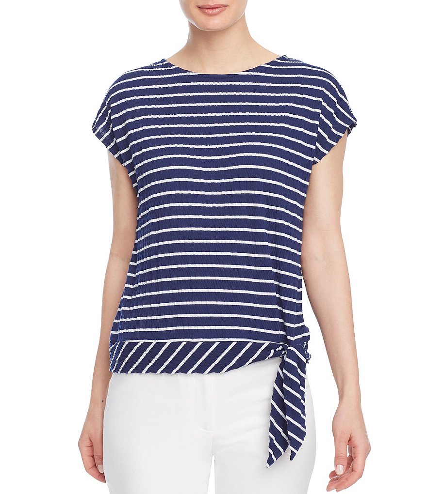 Jones New York Tie Side Stripe Dolman Cap Sleeve Knit T-Shirt
