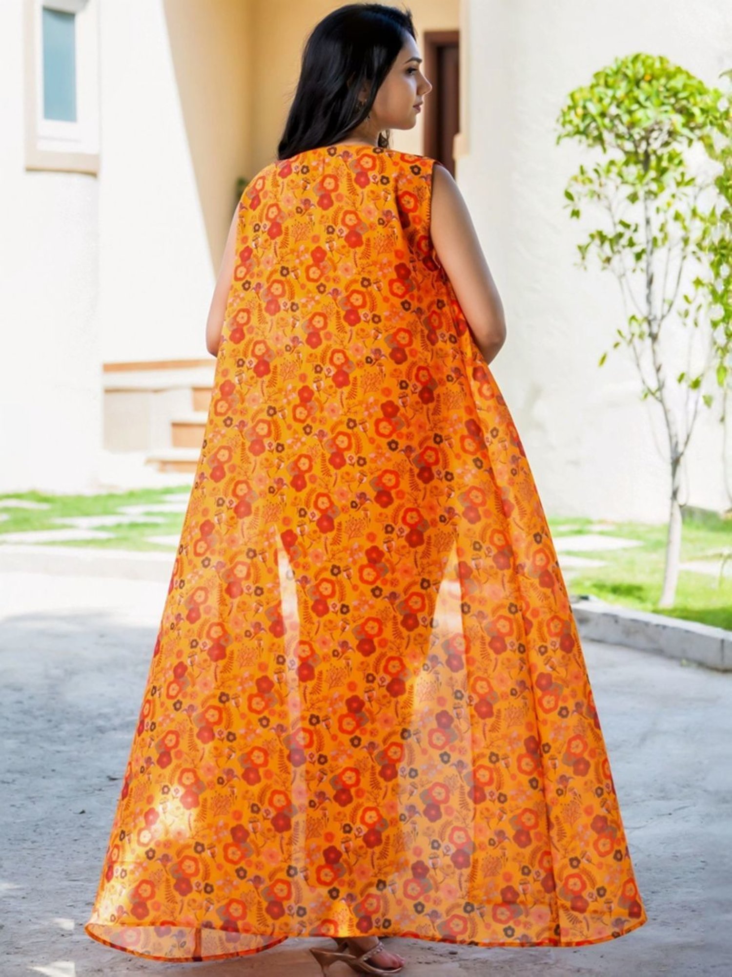 HOUSE OF JAMOTI Mustard Printed Crop Top Palazzo Set With Long Cape