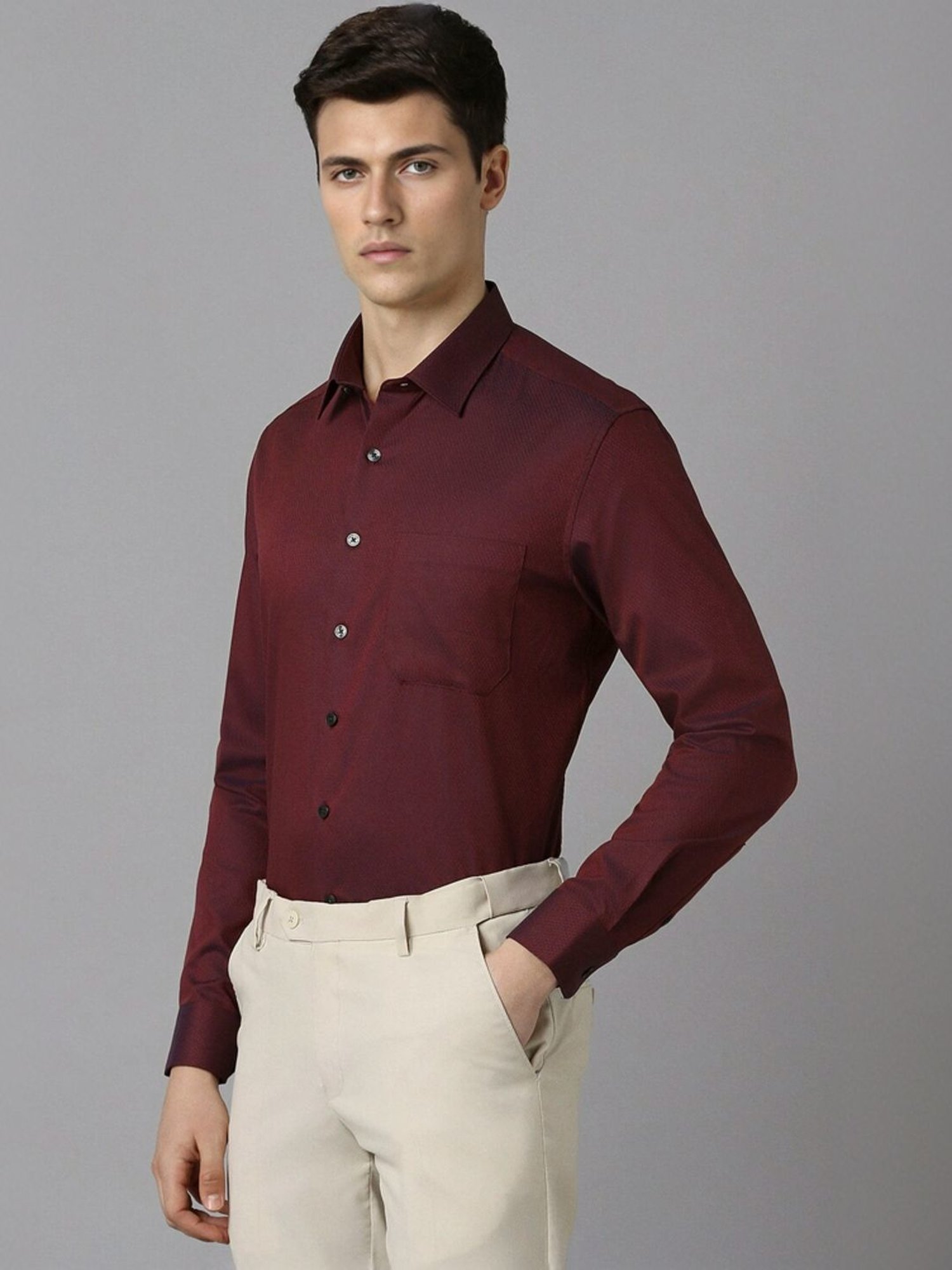 Louis Philippe Maroon Cotton Slim Fit Texture Shirt