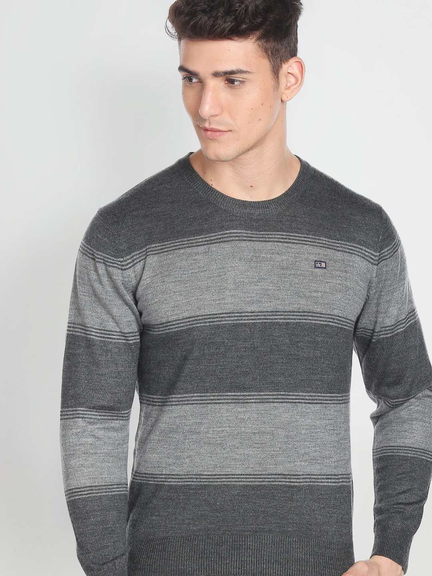 Arrow Sport Grey Regular Fit Striped Sweater