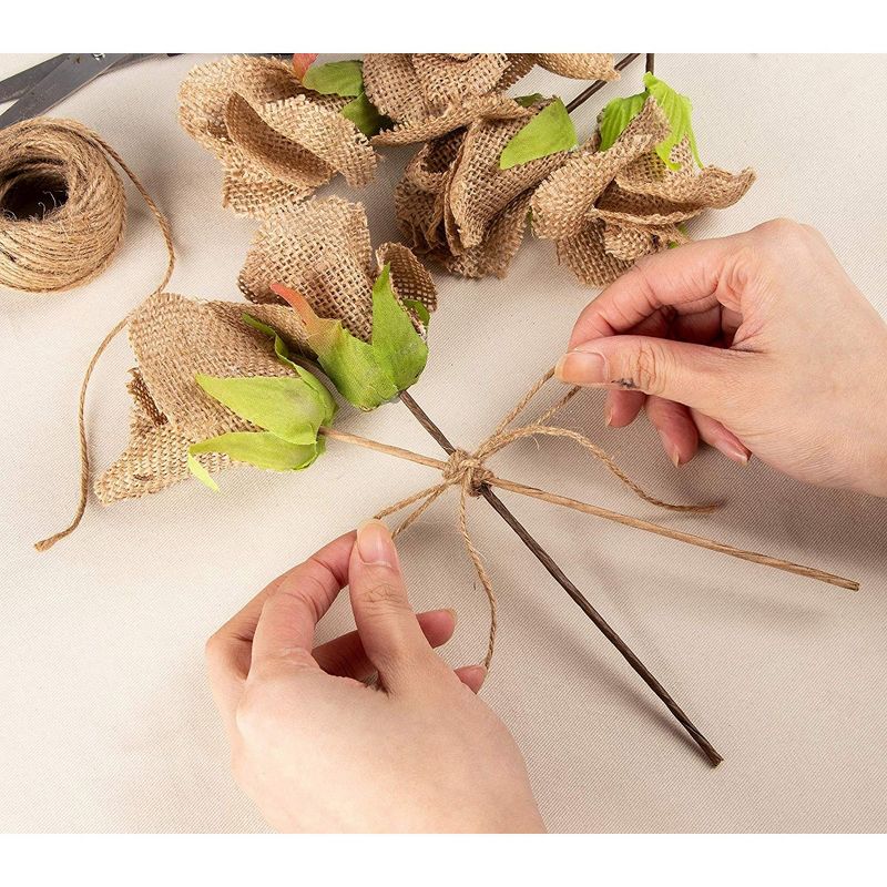 Genie Crafts 6 Pack Jute Burlap Roses Flowers with Bendable Stems for Crafts, 2.5 x 9.75 in