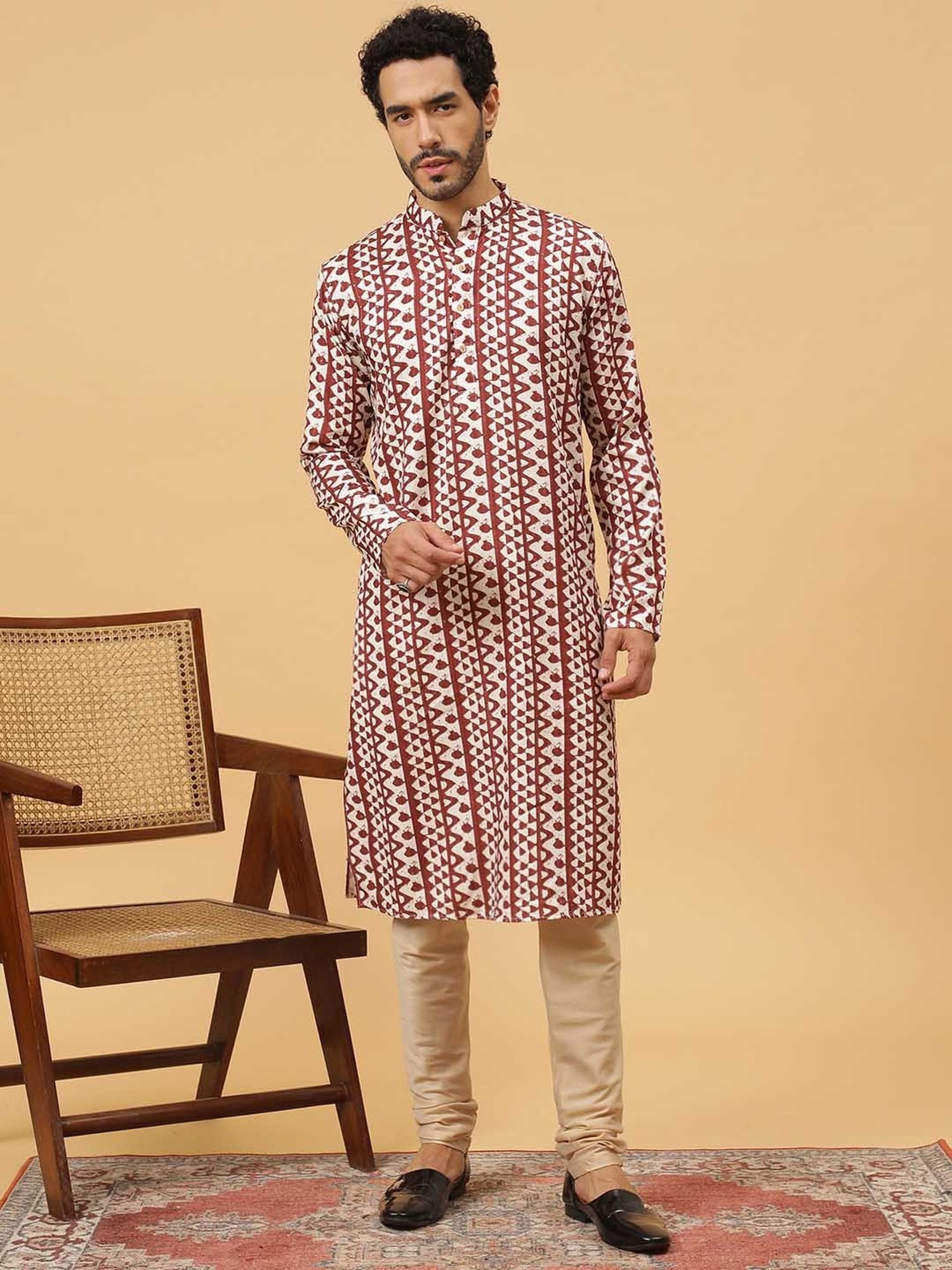 TABARD Maroon & Beige Regular Fit Embroidered Kurta & Churidar Set