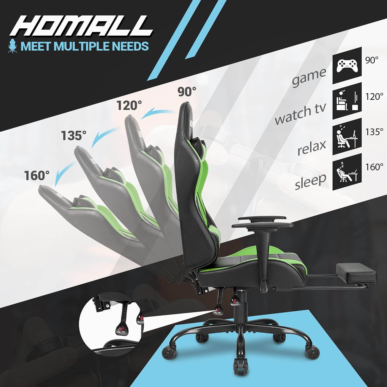 Homall Gaming Chair Computer Office Chair Ergonomic Desk Chair with Footrest Racing Executive Swivel Chair Adjustable Rolling Task Chair (Green)