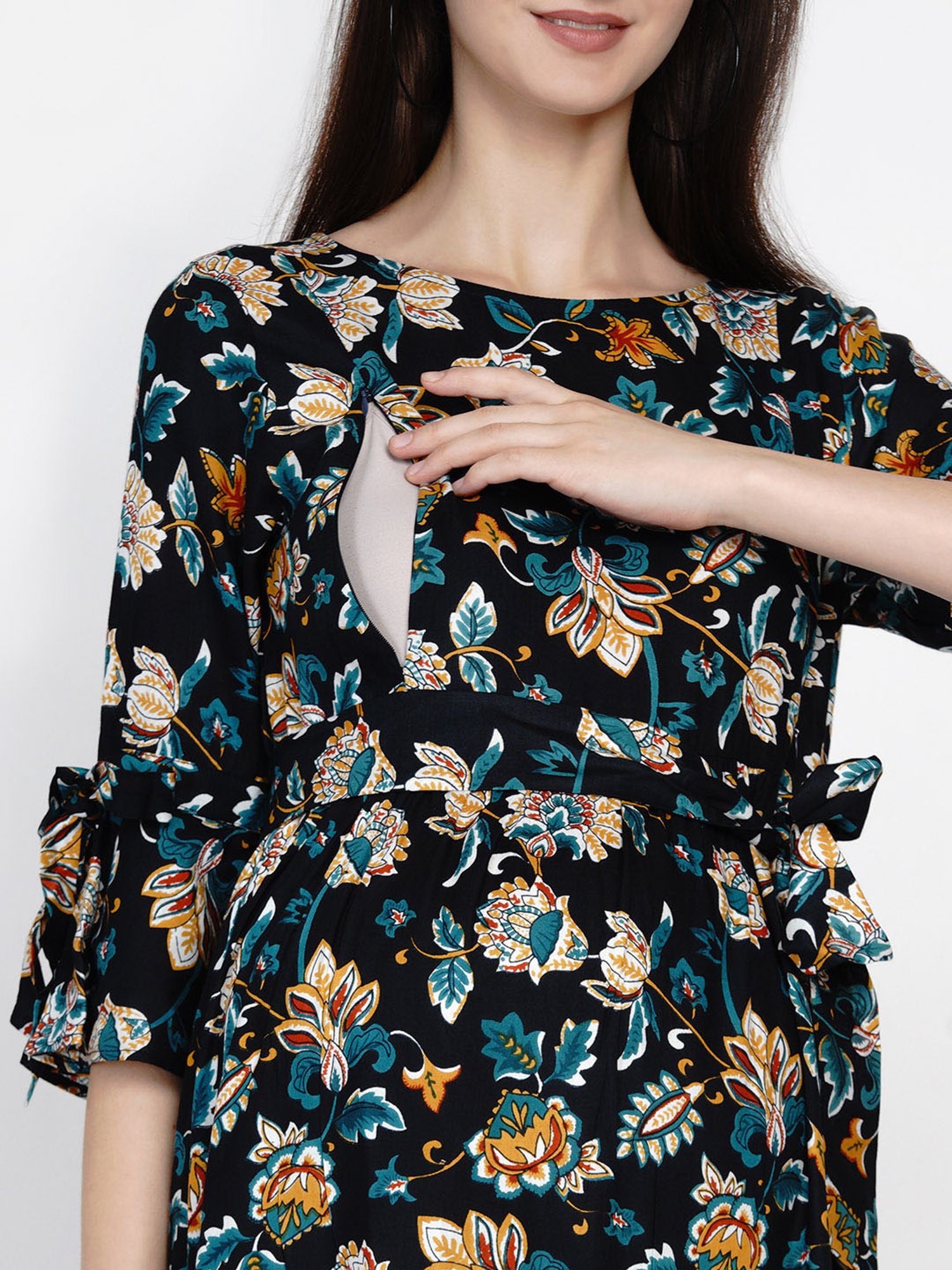 Mine4Nine Navy Floral Print Maternity Dress