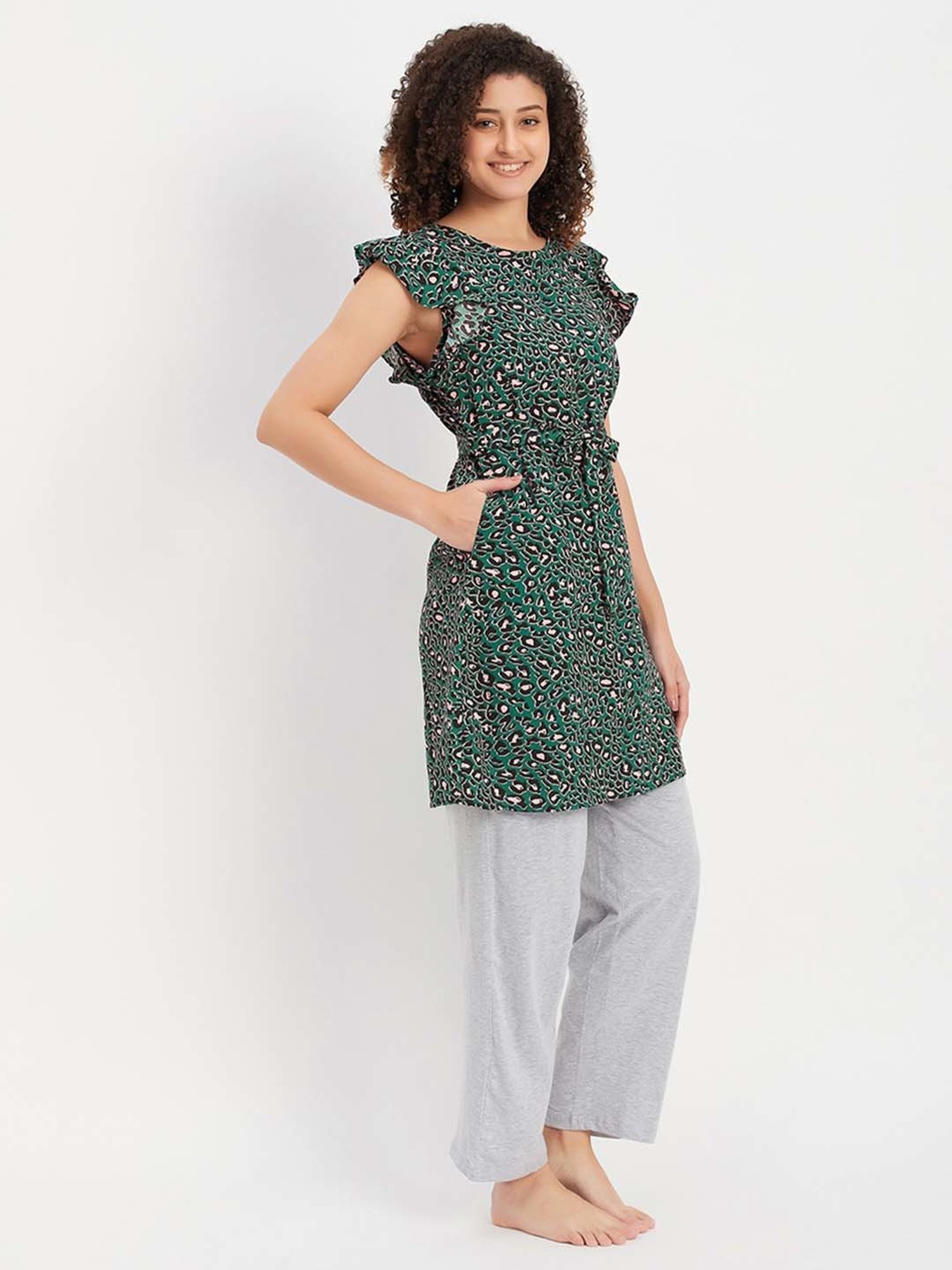 Clovia Green & Grey Printed Night Dress Pyjamas Set