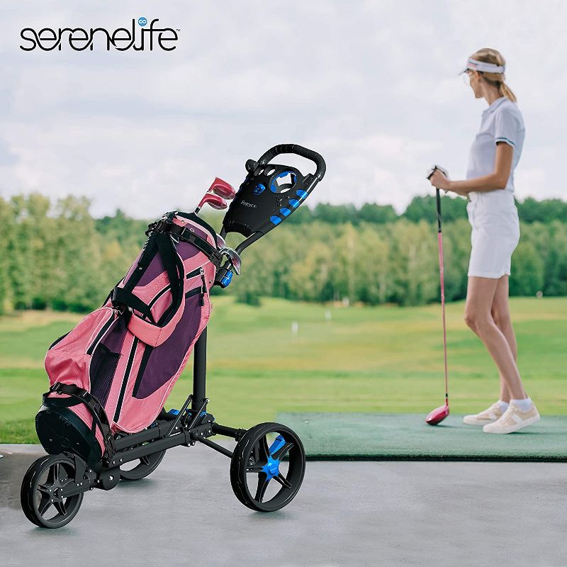 SereneLife 3 Wheel Folding Walking Golf Bag Push Pull Cart Holder with Elastic Strap, Top and Bottom Brackets, Scorecard and Umbrella Holder, Black
