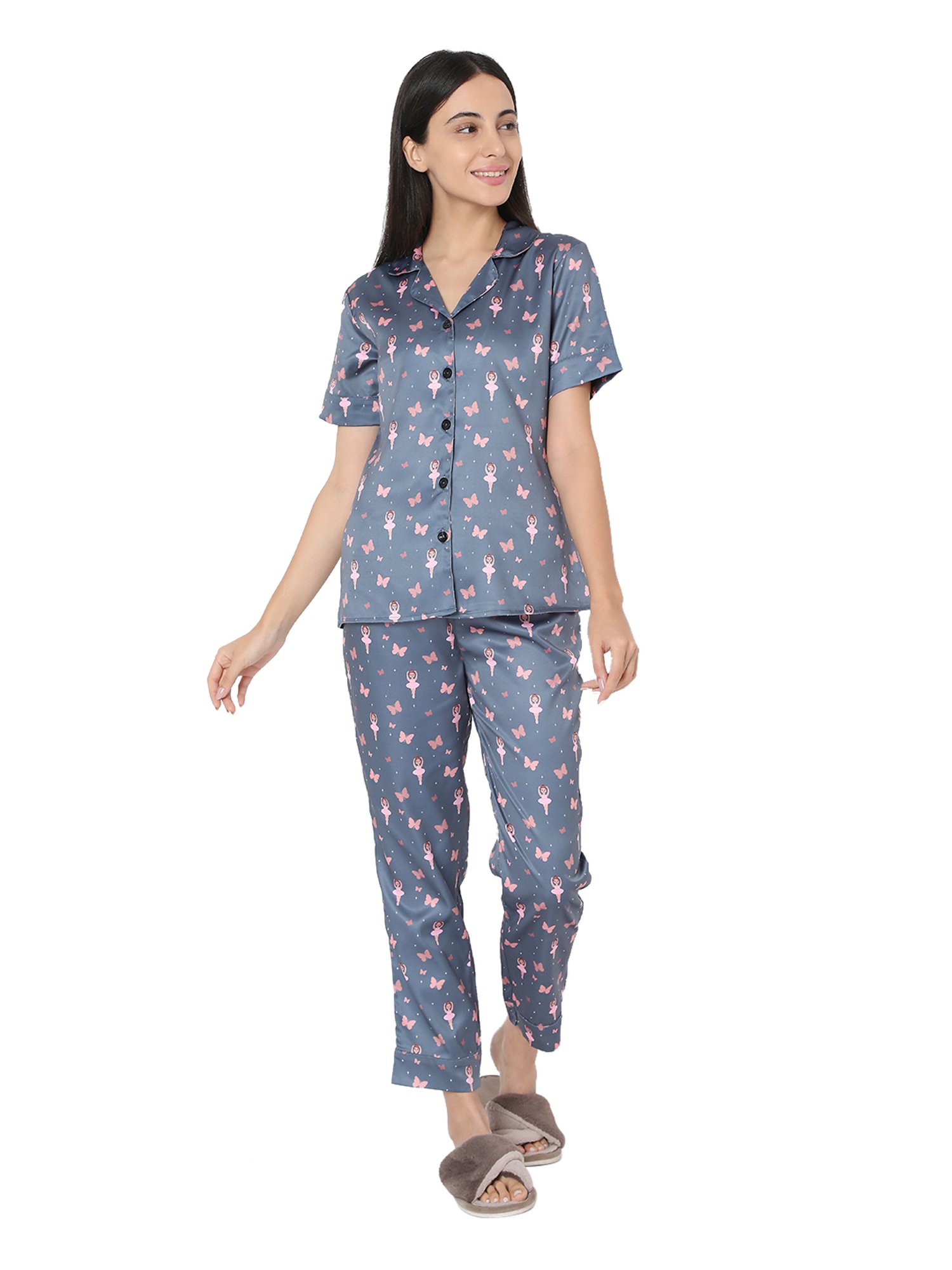 Smarty Pants Grey Satin Print Shirt With Pyjamas